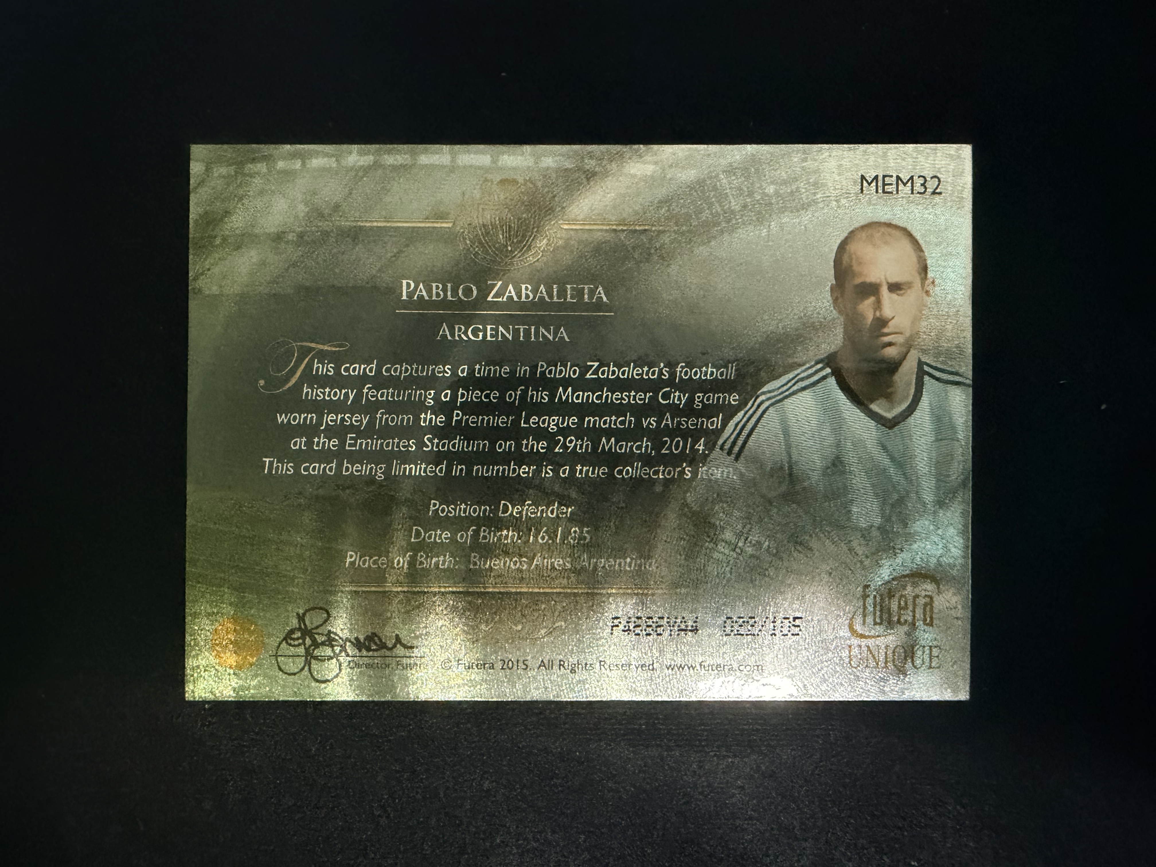 2015 Futera Unique Pablo Zabaleta Memorable 铂金 系列 稀有 “万金油”萨巴莱塔 收藏物料卡