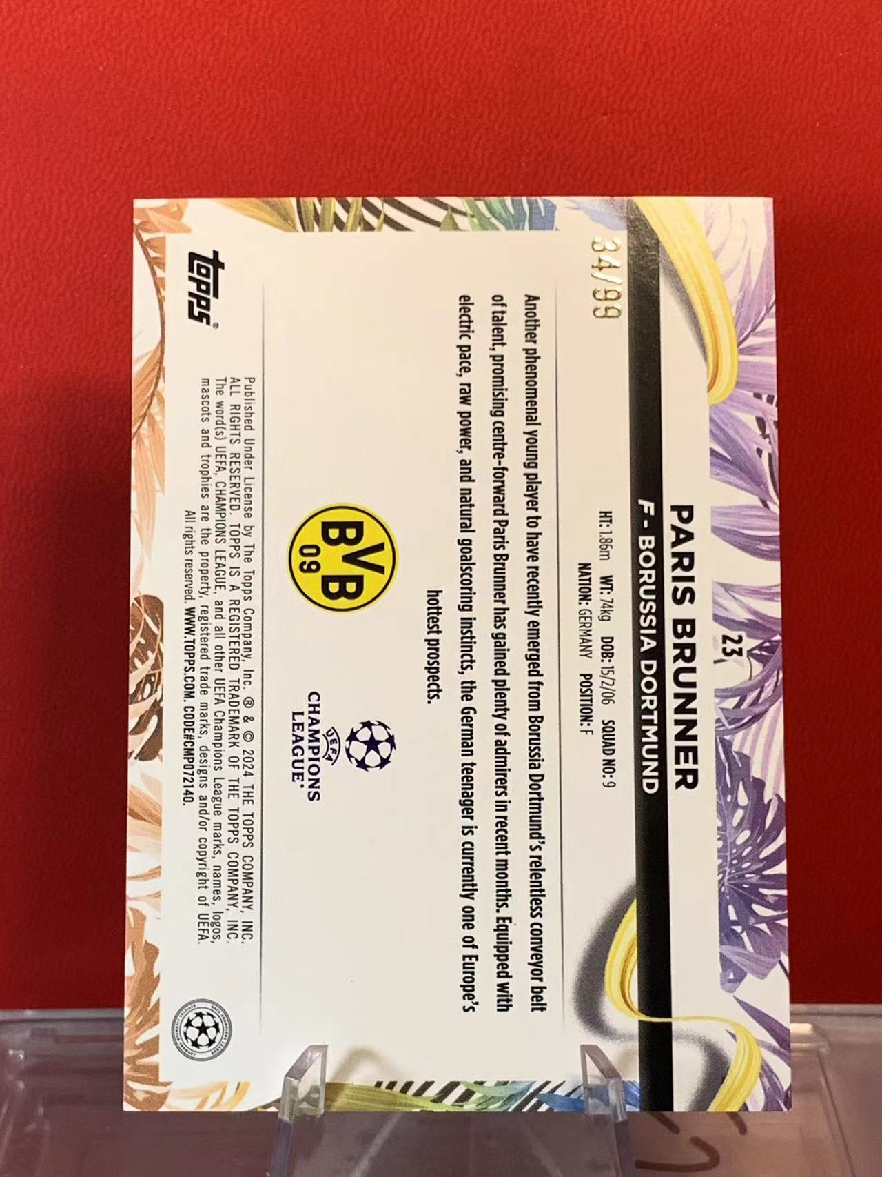 (詹叔代拍)2024 Topps 巴西狂欢限定 Paris Brunner RC 巴西狂欢盒 多特蒙德 布伦纳 新秀 34/99编 蓝桑巴折 卡品如图 顺丰寄付 泰山