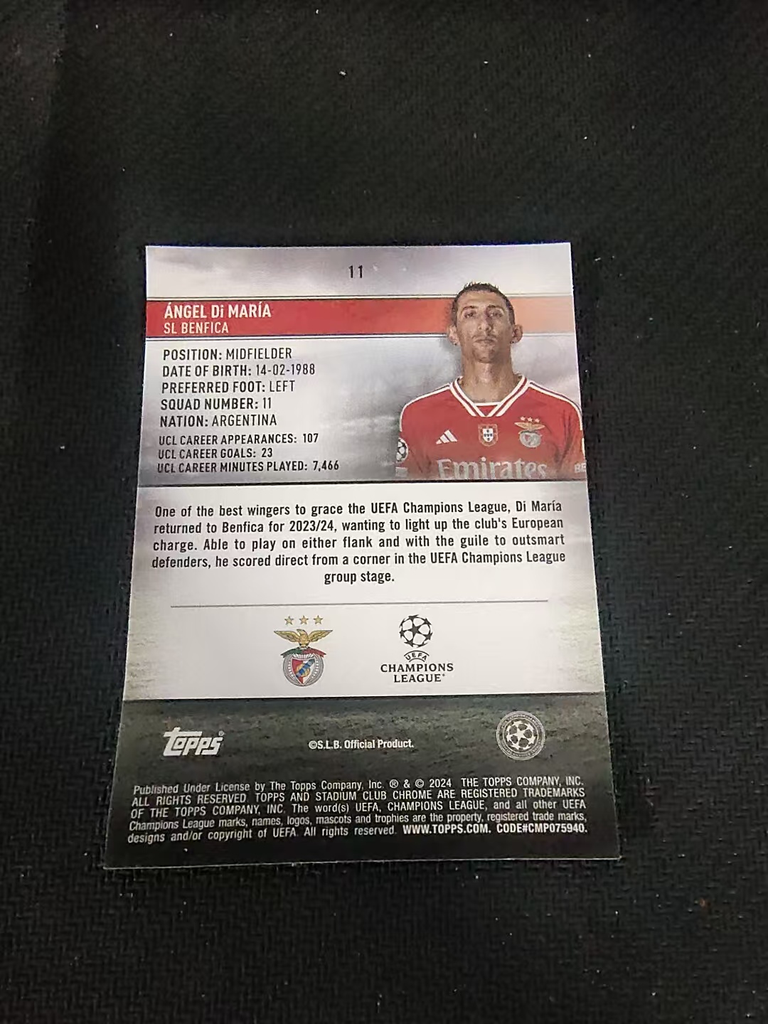 【可合并,不累计】2024 Topps Stadium Club Chrome angel di maria 本菲卡 迪玛利亚 竞技场 欧冠 划痕 边角瑕疵 #11