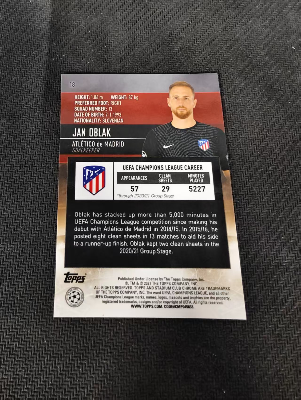 【可合并,不累计】2021 Topps Stadium Club Chrome Jan Oblak 奥布拉克 马德里竞技 马竞 竞技场 欧冠 划痕 边角瑕疵 #18