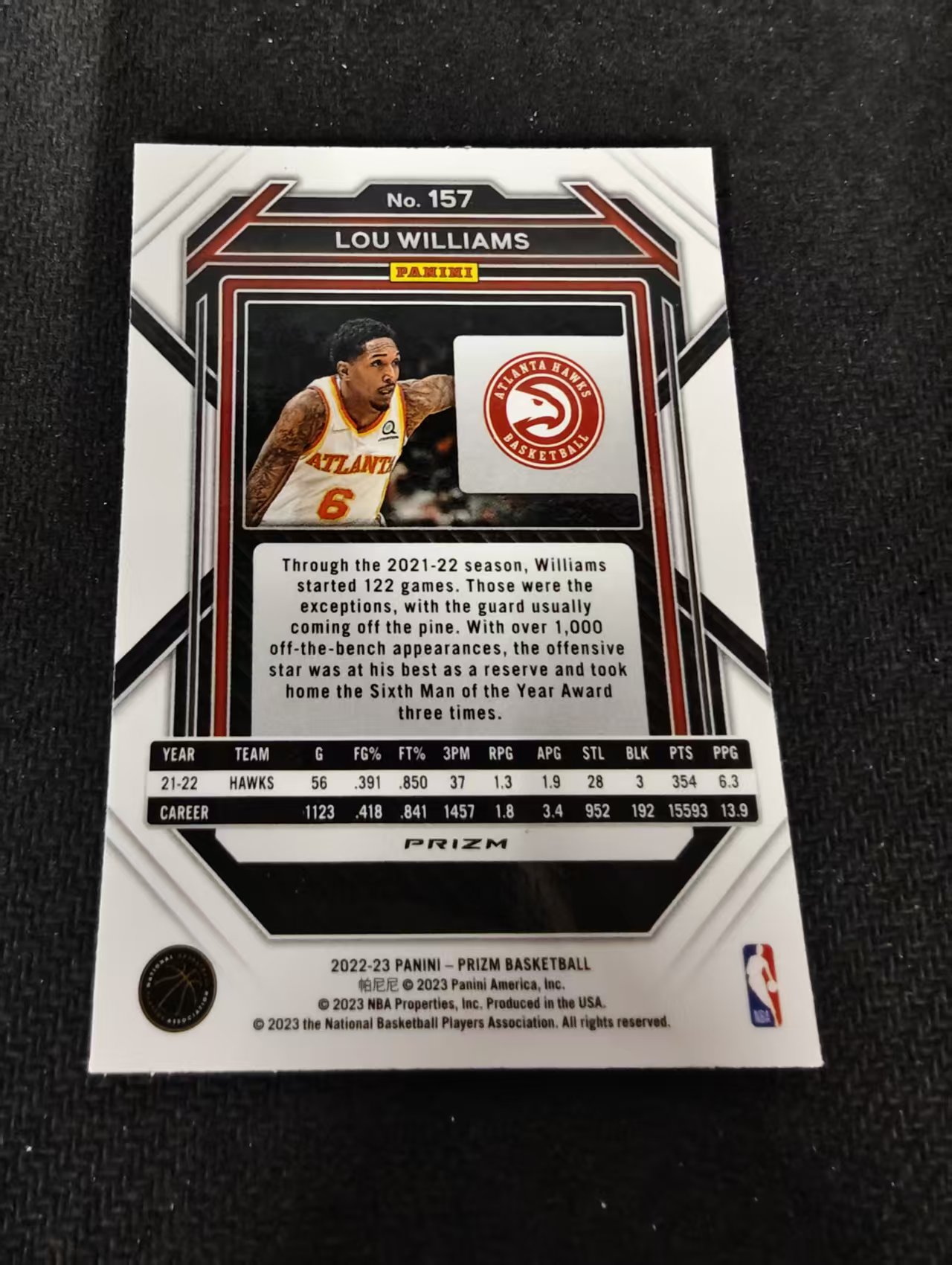 2022-23 Panini Prizm Lou Williams 路 威廉姆斯 老鹰 红波纹 PZ 划痕 边角瑕疵 #157