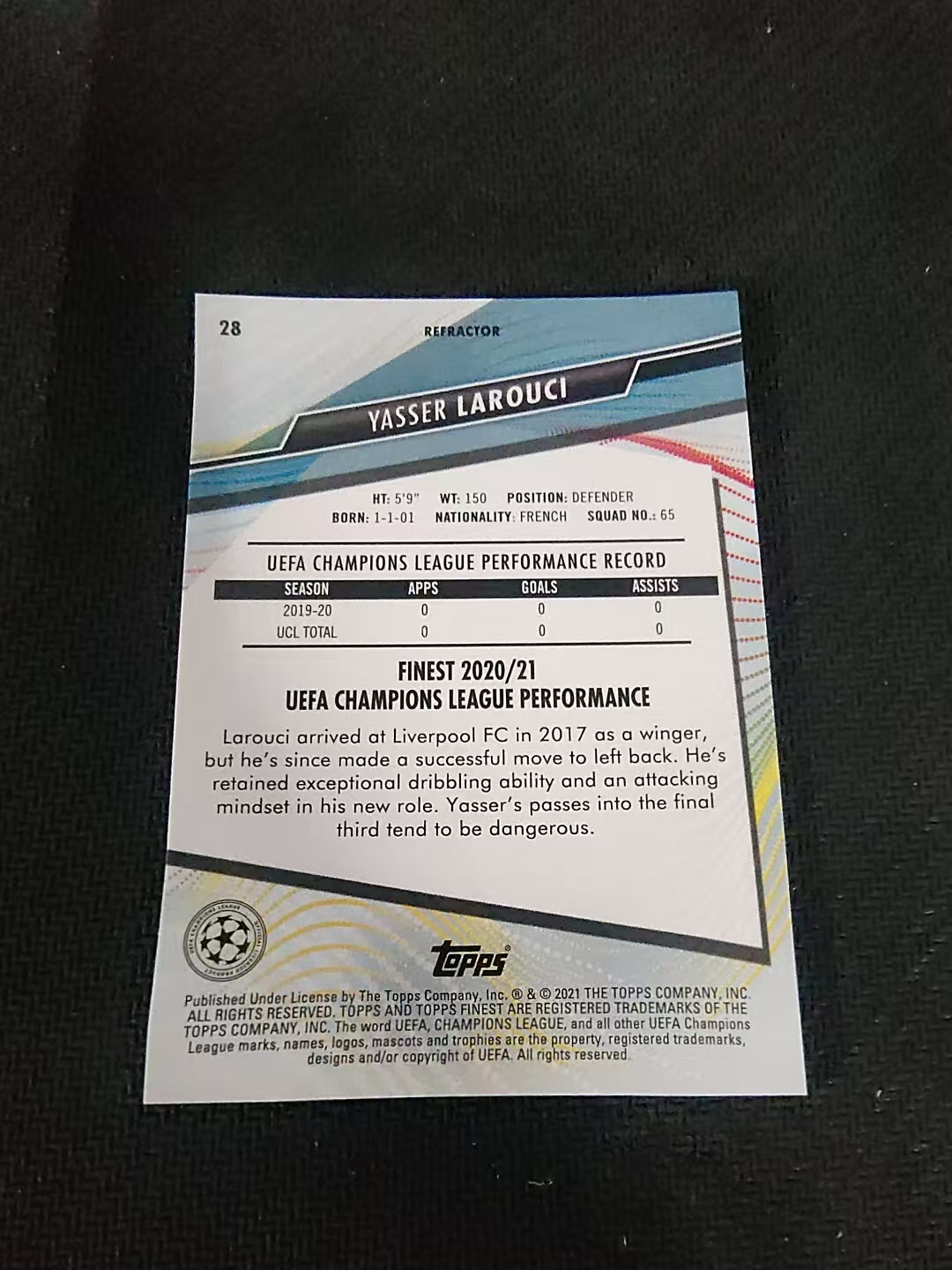 【可合并,不累计】2021 Topps Finest Yasser Larouci 亚西尔拉鲁西 利物浦 RC 新秀 欧冠 银折 #28 划痕 边角瑕疵
