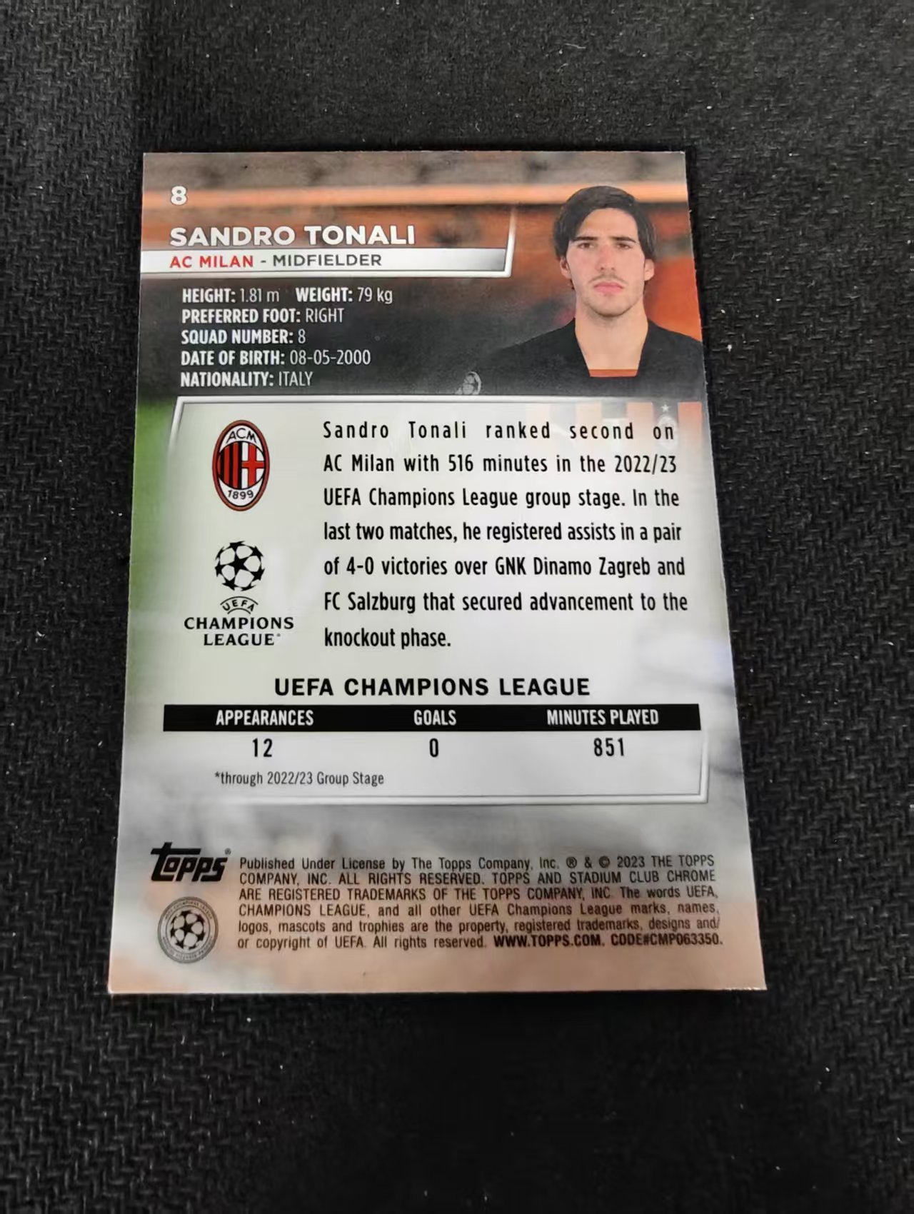 【可合并,不累计】2023 Topps Stadium Club Chrome Sandro Tonali AC米兰 托纳利 欧冠 竞技场 不保卡品 介意勿拍 #8