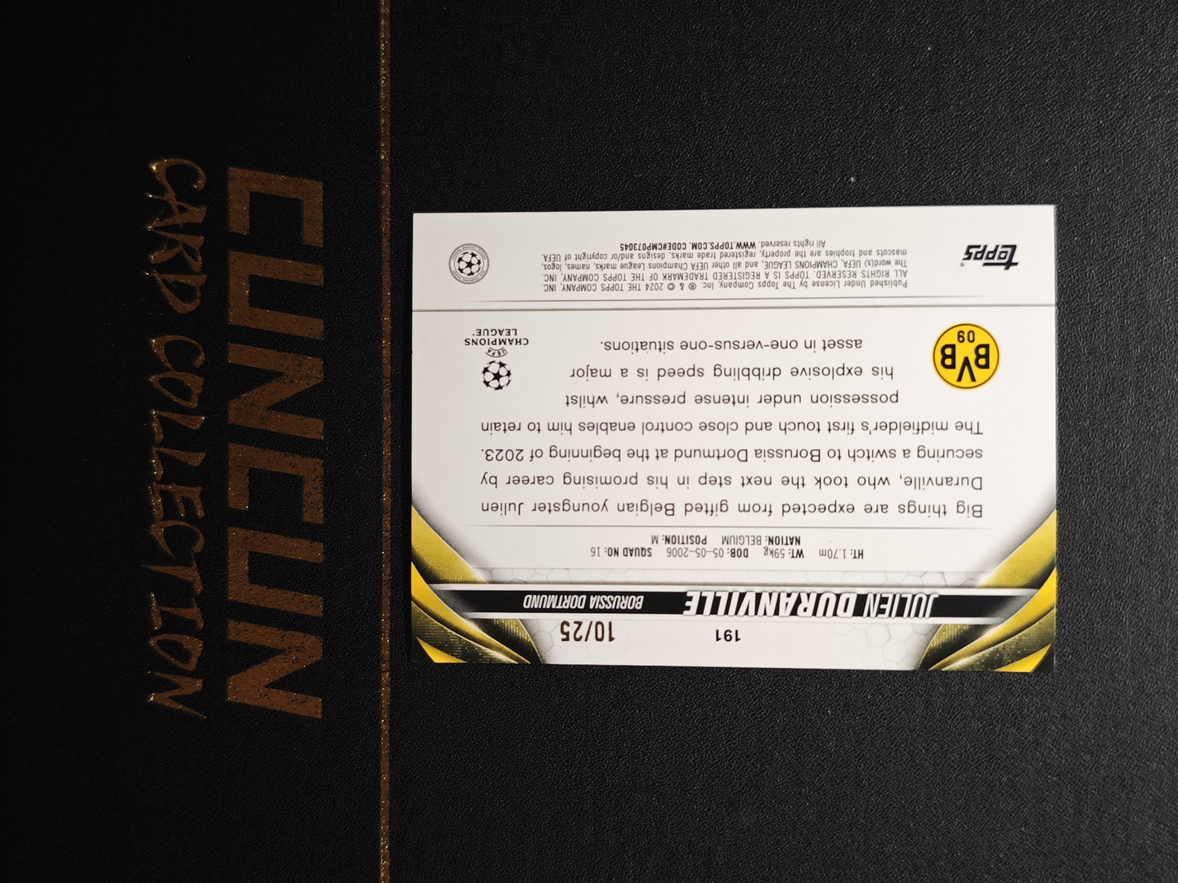 2024 Topps UCC Julien Duranville 欧冠 多特蒙德 杜兰维尔 迪朗维尔 RC新秀 橙折 橙瀑布折 /25编 比利时 带砖【CUN拍卖-K28】