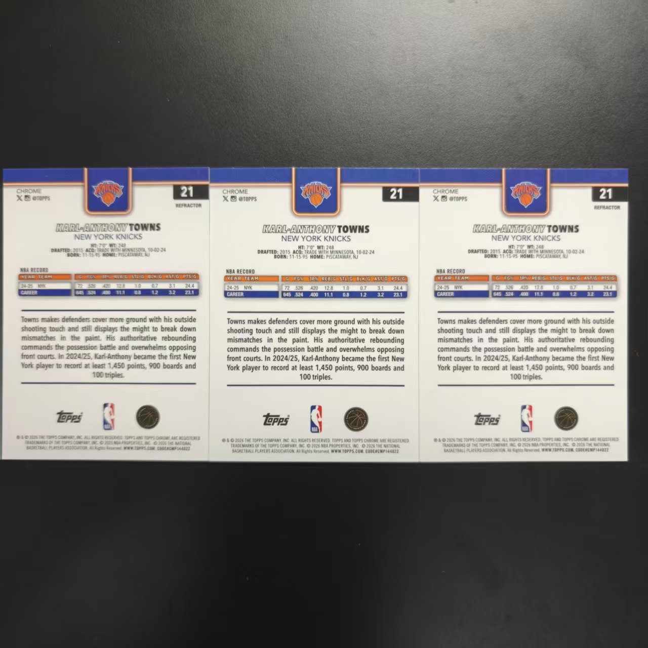 2026 topps Chrome Update Karl Anthony Towns 卡尔安东尼 唐斯 TCU 正base Lot 银折 共3张