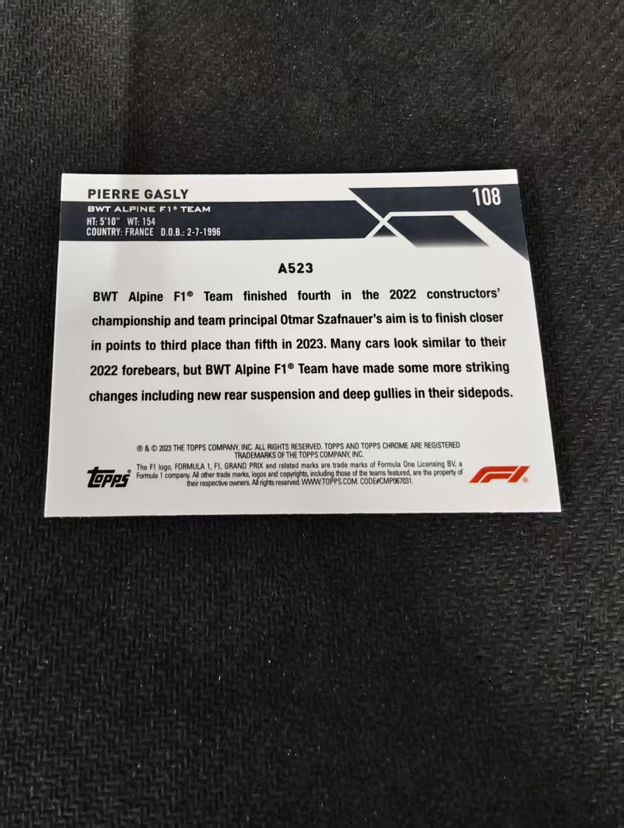 2023 Topps Chrome Pierre Gasly 皮埃尔 加斯利 F1 划痕 边角瑕疵 #108