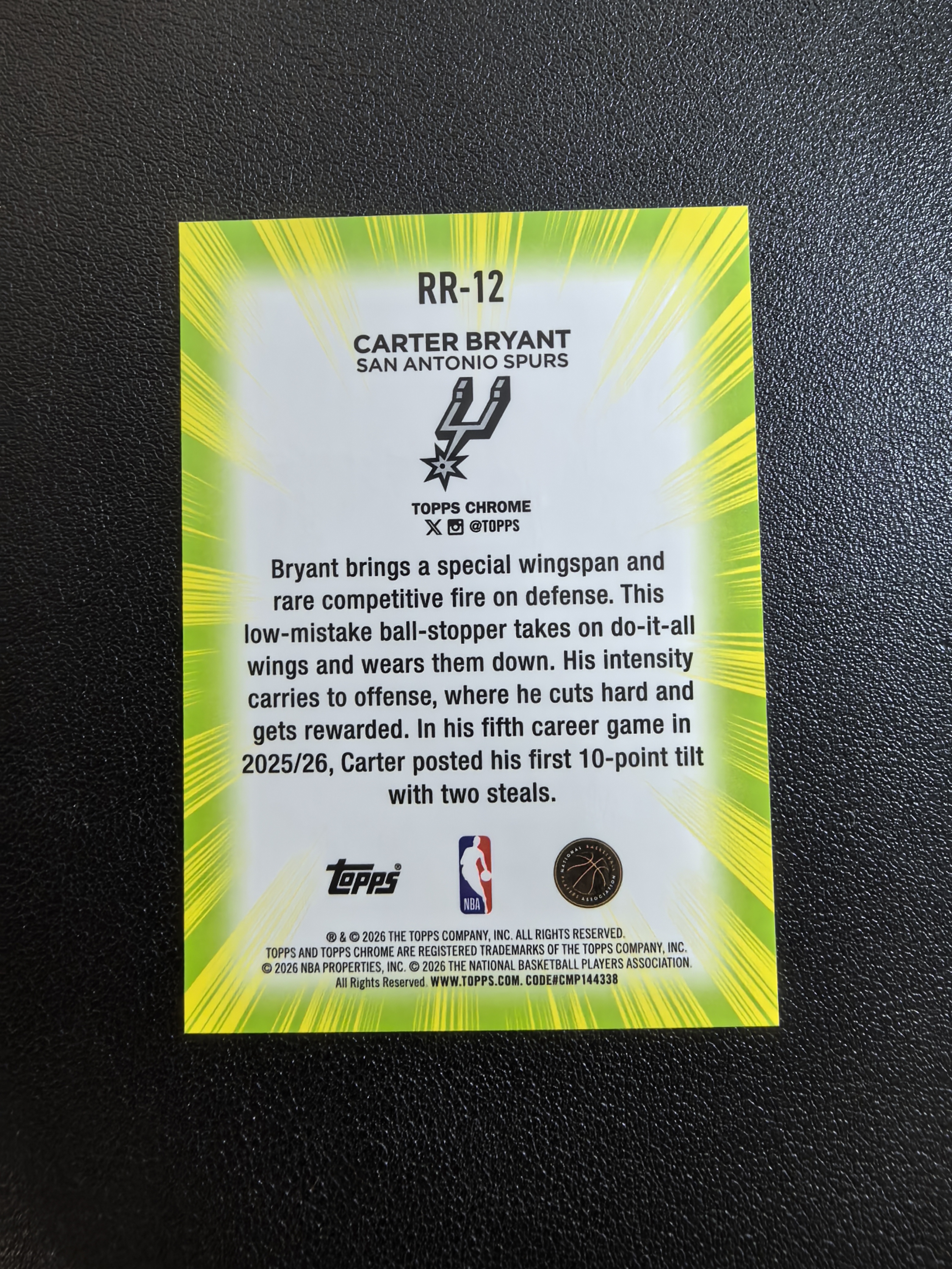2025-26 Topps Chrome Update Carter Bryant RC 马刺 卡特布莱恩特 新秀RC base 闪耀新秀 大比例 SSP 黑金折 折射 实卡精美 卡品如图 七哥