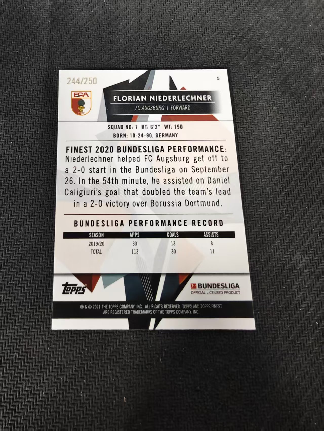 【可合并,不累计】2021 Topps Finest Florian Niederlechner 德甲 奥格斯堡 尼德莱赫纳 紫波纹 250编