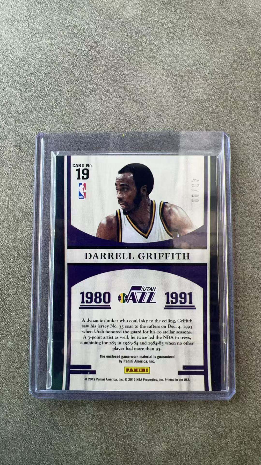 6551【330球星卡实体店代卖】2012 帕尼尼 Limited 雷米特 达雷尔格里菲斯 darrell griffith 爵士 43/99编 球衣实物 落场 仅顺丰寄付(UK23)