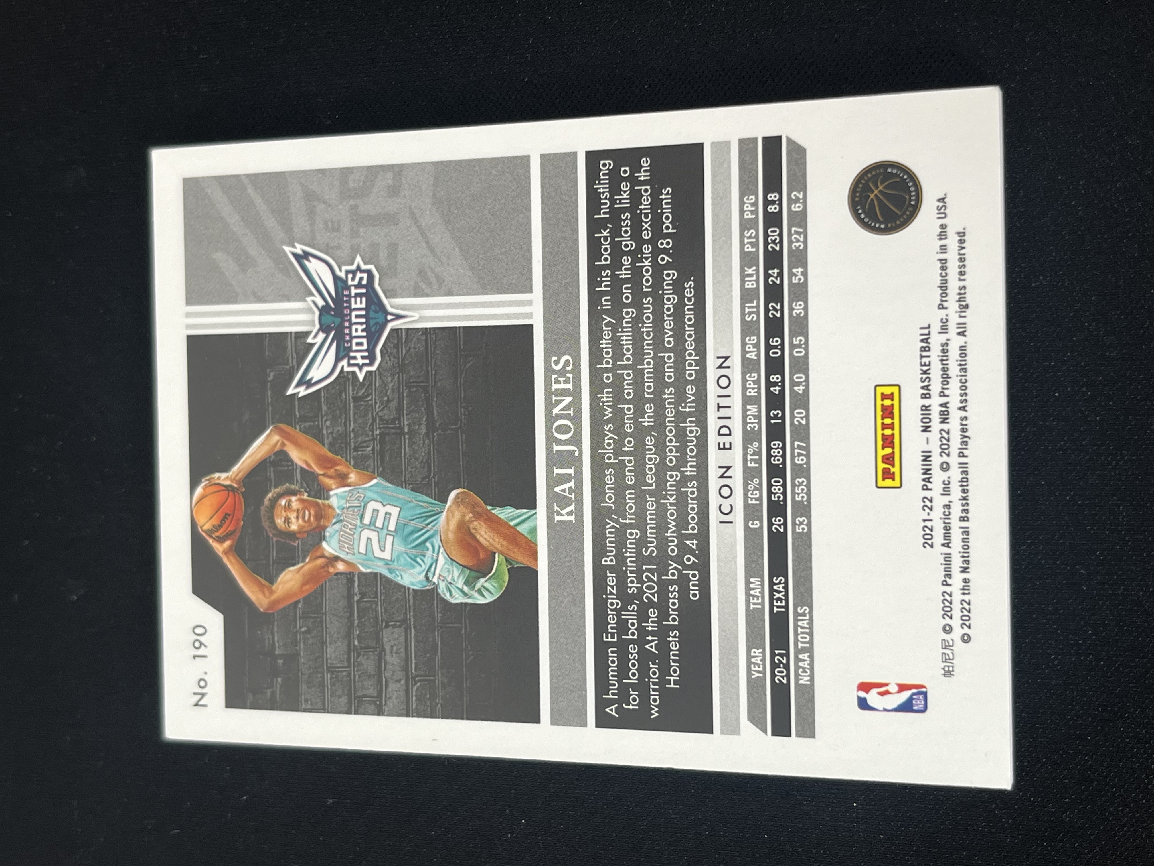 2021-22 Panini Noir Kai Jones RC 黄蜂队 新秀 凯 琼斯 noir系列 3/5编 超低编 base 凑套必备 【大盘鸡】