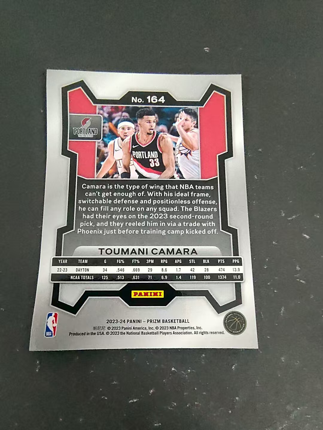 【可合并,不累计】2023-24 Panini Prizm Toumani Camara RC 图马尼 卡马拉 新秀 PZ 划痕 边角微瑕 #164