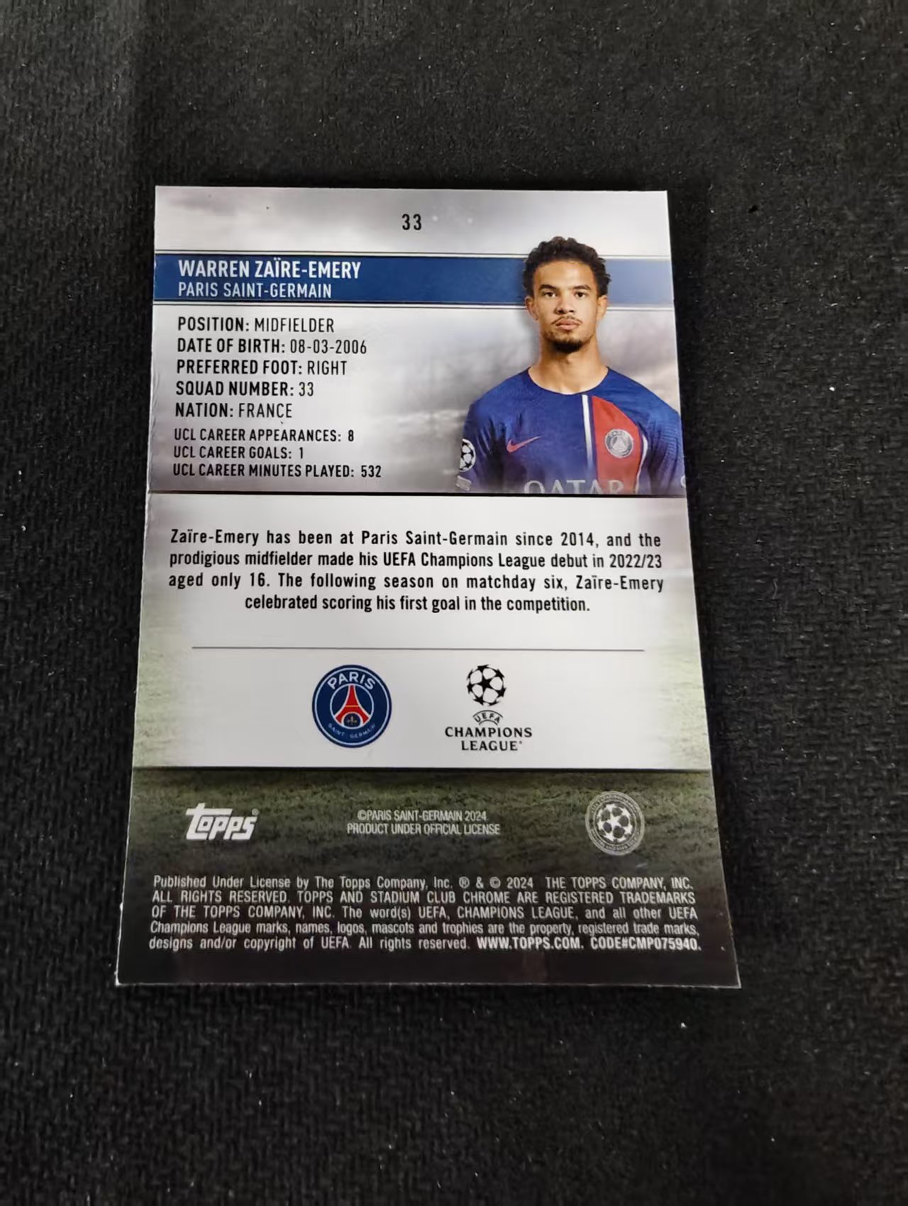 【可合并,不累计】2024 Topps Chrome Warren Zaïre-Emery 欧冠 竞技场 巴黎圣日耳曼 埃梅里 不保卡品 介意勿拍 #33
