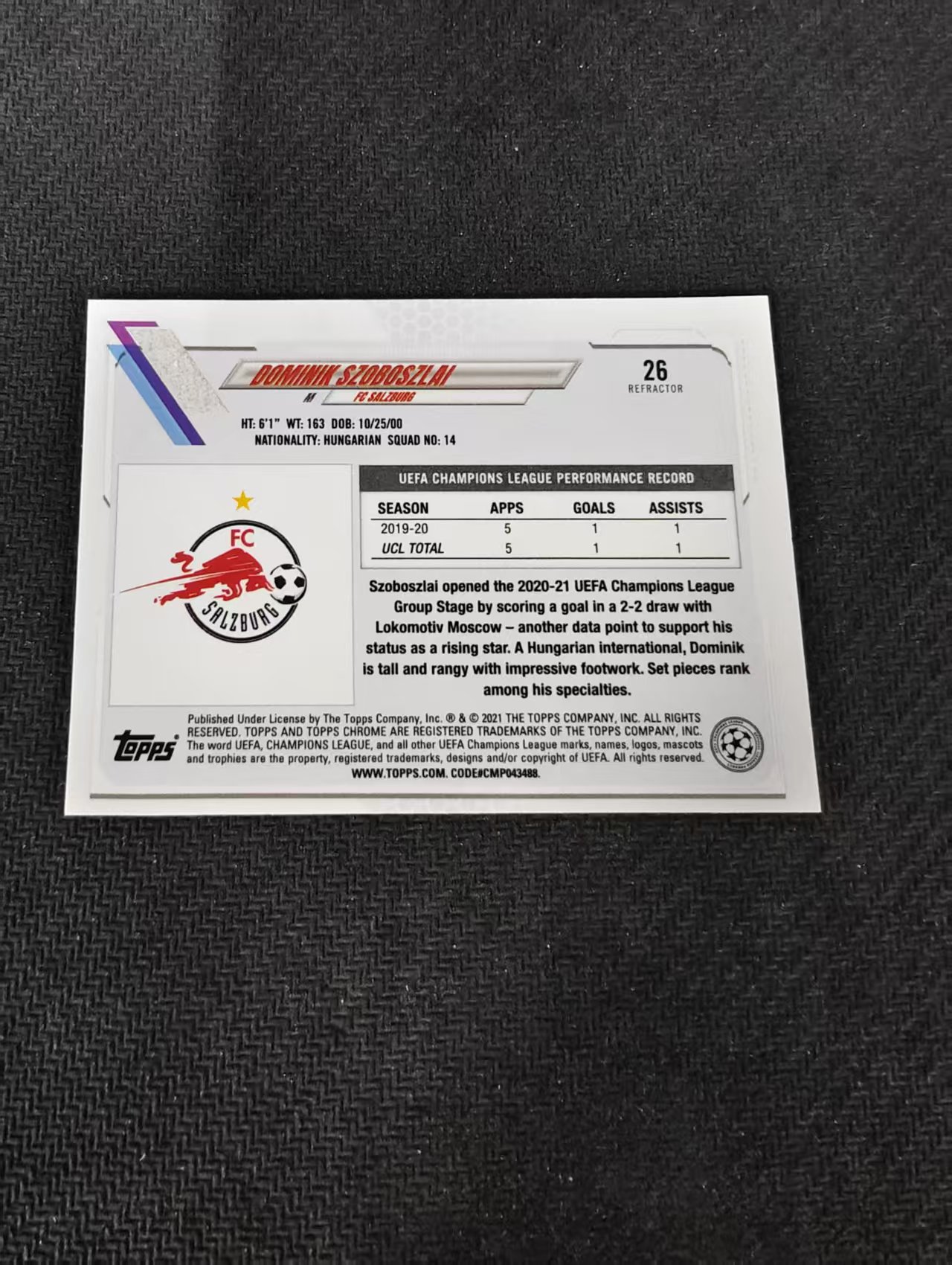 【可合并,不累计】2021 Topps Chrome Dominik Szoboszlai 萨尔茨堡 索博斯洛伊 欧冠 银折 划痕 边角瑕疵 #26