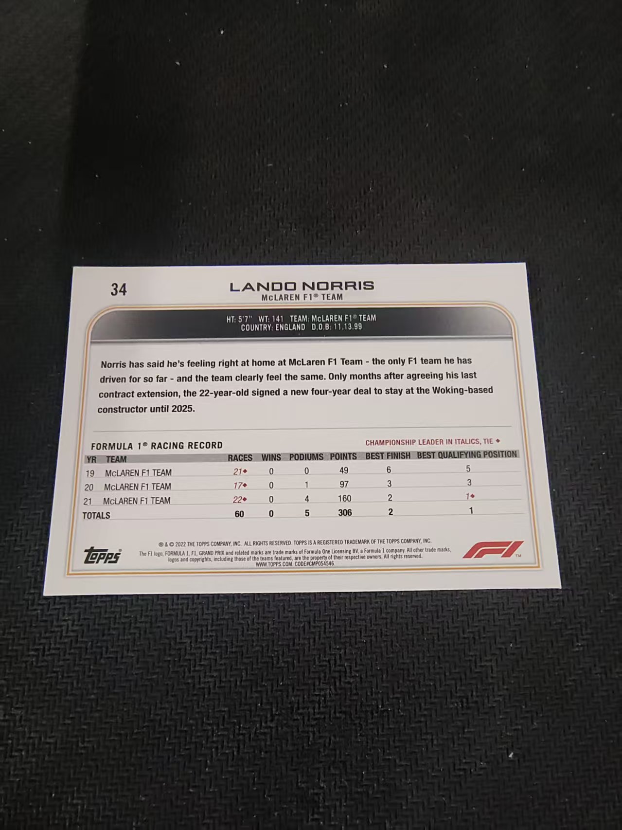 【汽水拍卖】2022 Topps Chrome F1 Lando Norris 诺里斯 迈凯伦 黑白棋盘 划痕 边角瑕疵 #34
