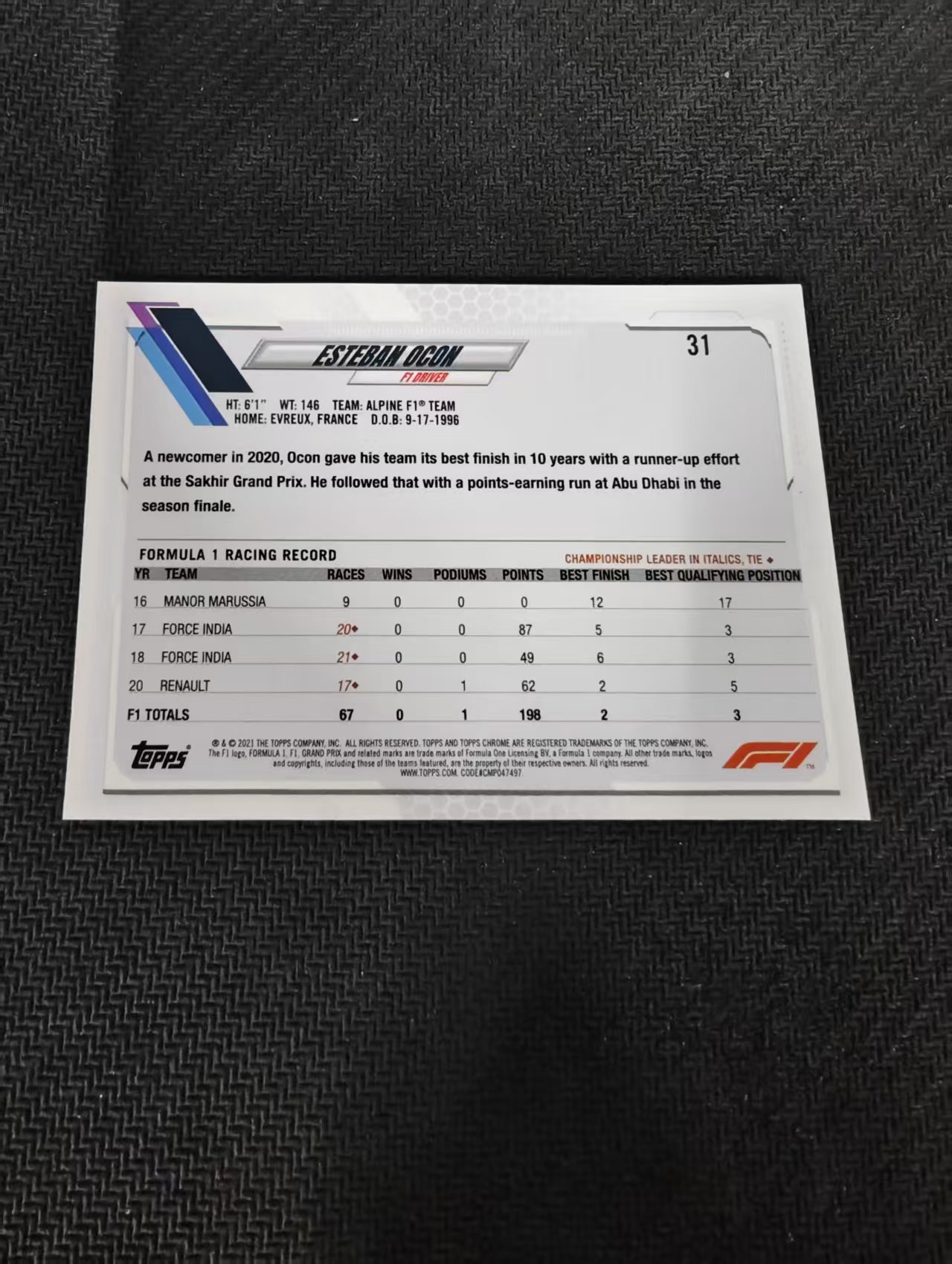 【汽水拍卖】2021 Topps Chrome Esteban Ocon 埃斯特班 奥康 F1 黑白棋盘折 黑白格子折 划痕 边角瑕疵 #31