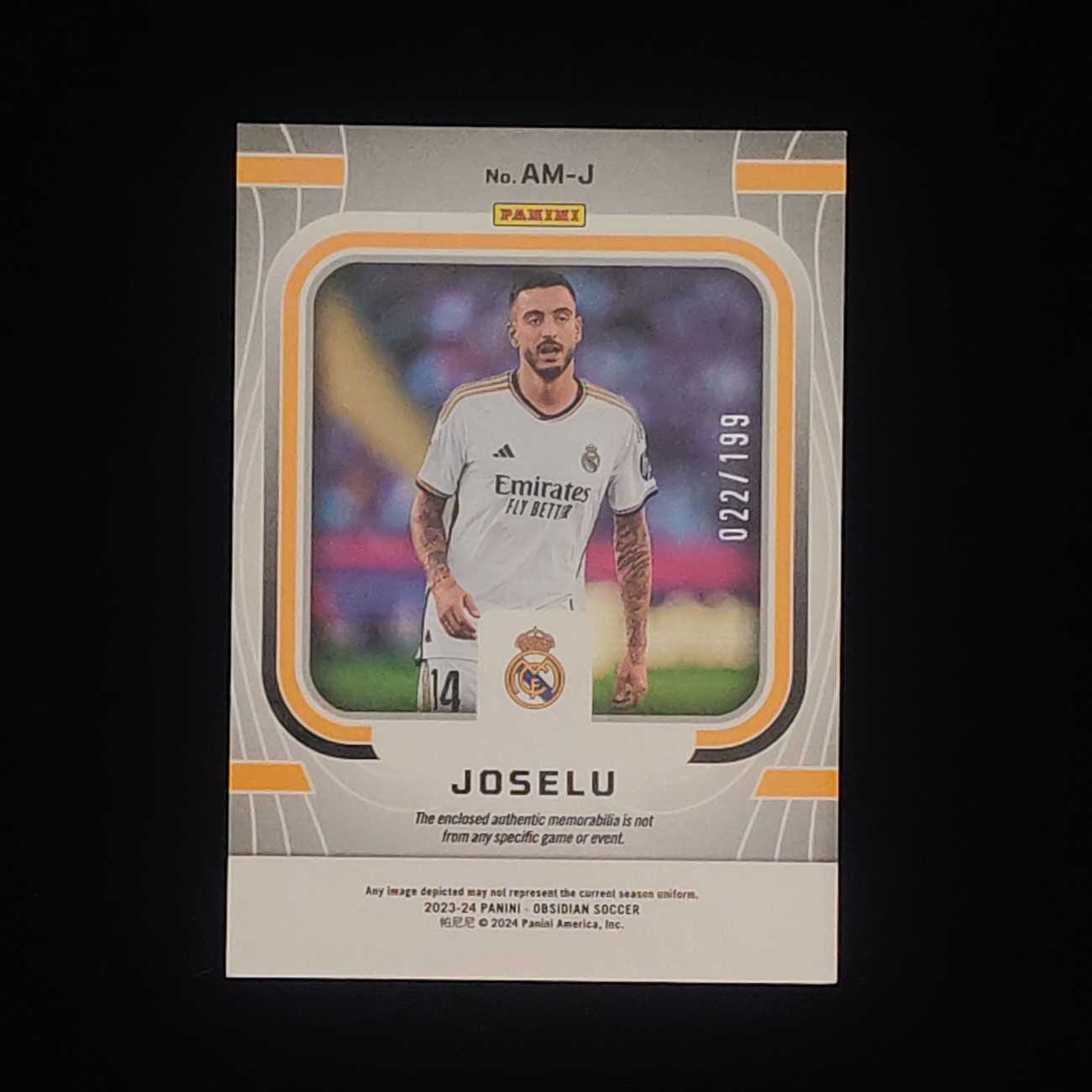 2023-24 Panini Obsidian JOSELU 黑曜石 皇马 皇家马德里 何塞卢 小窗物料切割 22/199编 卡品如图 收藏必备 【才来-V】
