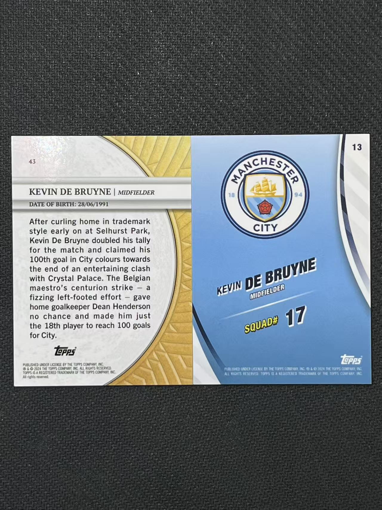 【盎司收藏】2024 Topps 曼城队盒 凯文 德布劳内 丁丁 99编*2 蓝折 特卡 lot 两张 曼城 比利时 那不勒斯 JJ27