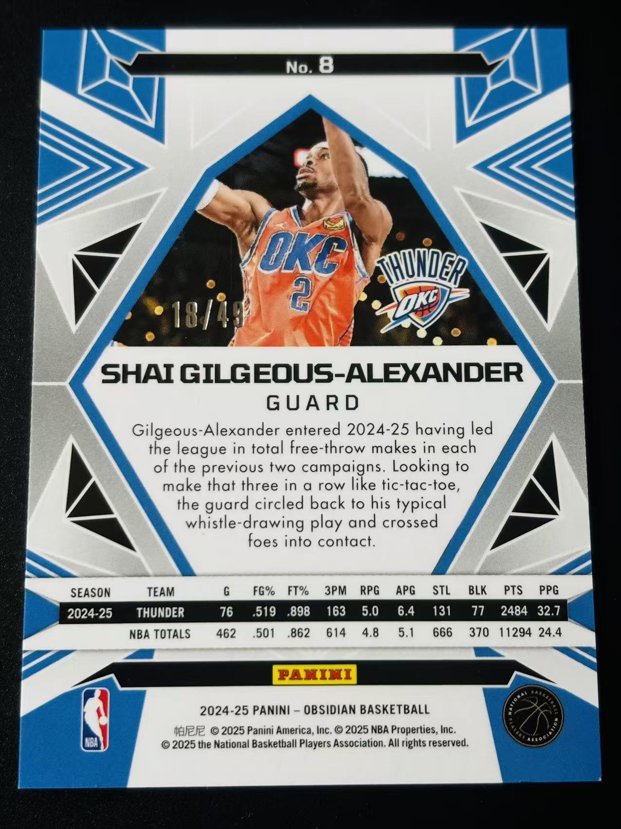 2024-25 Panini Obsidian Shai Gilgeous-Alexander 黑曜石 雷霆 SGA 谢伊 吉尔杰斯 亚历山大 49编 碎冰折 不累计