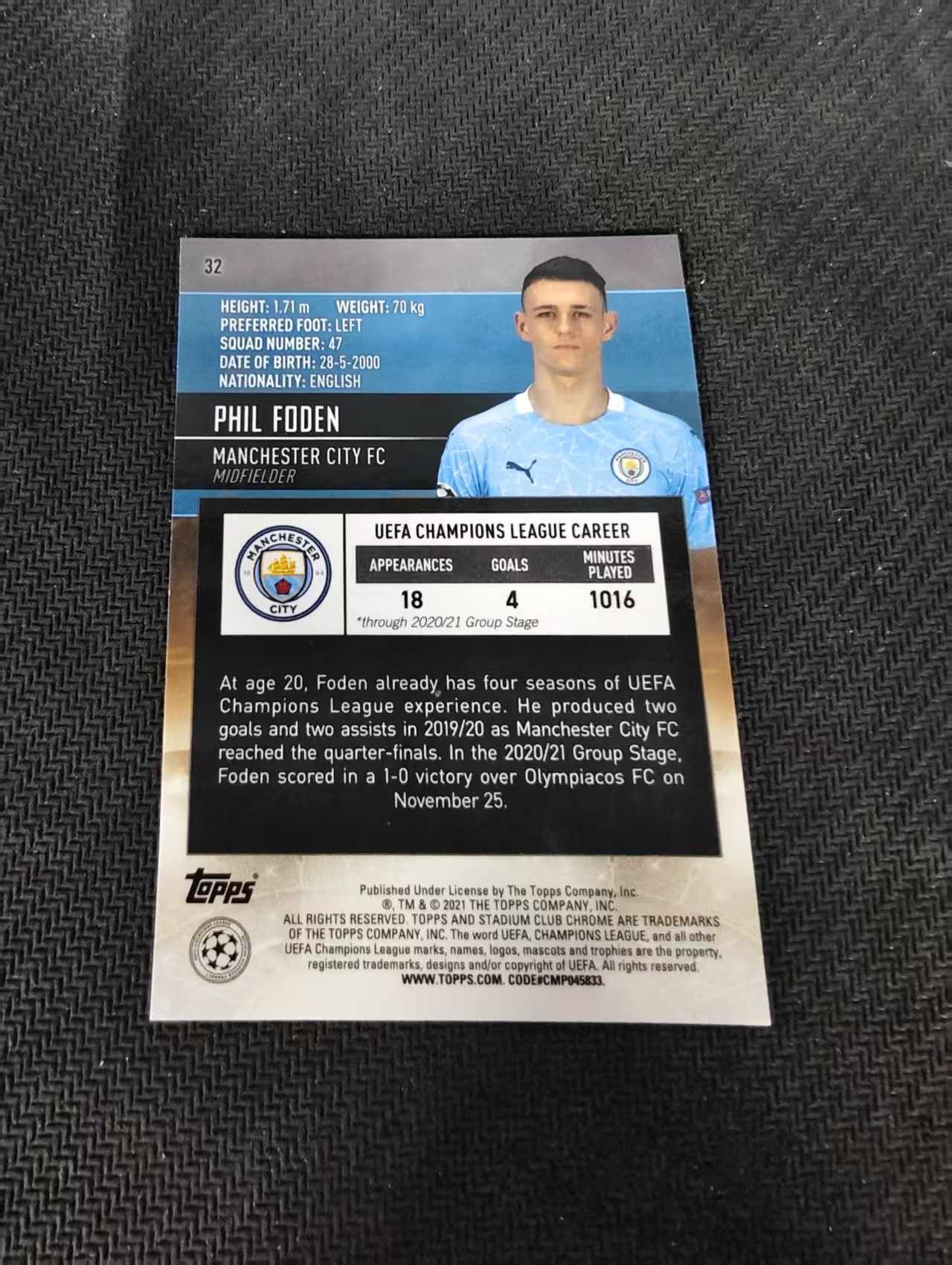 【可合并,不累计】2021 Topps Stadium Club Chrome Phil Foden 菲尔 福登 曼城 竞技场 欧冠 划痕 边角瑕疵 #32