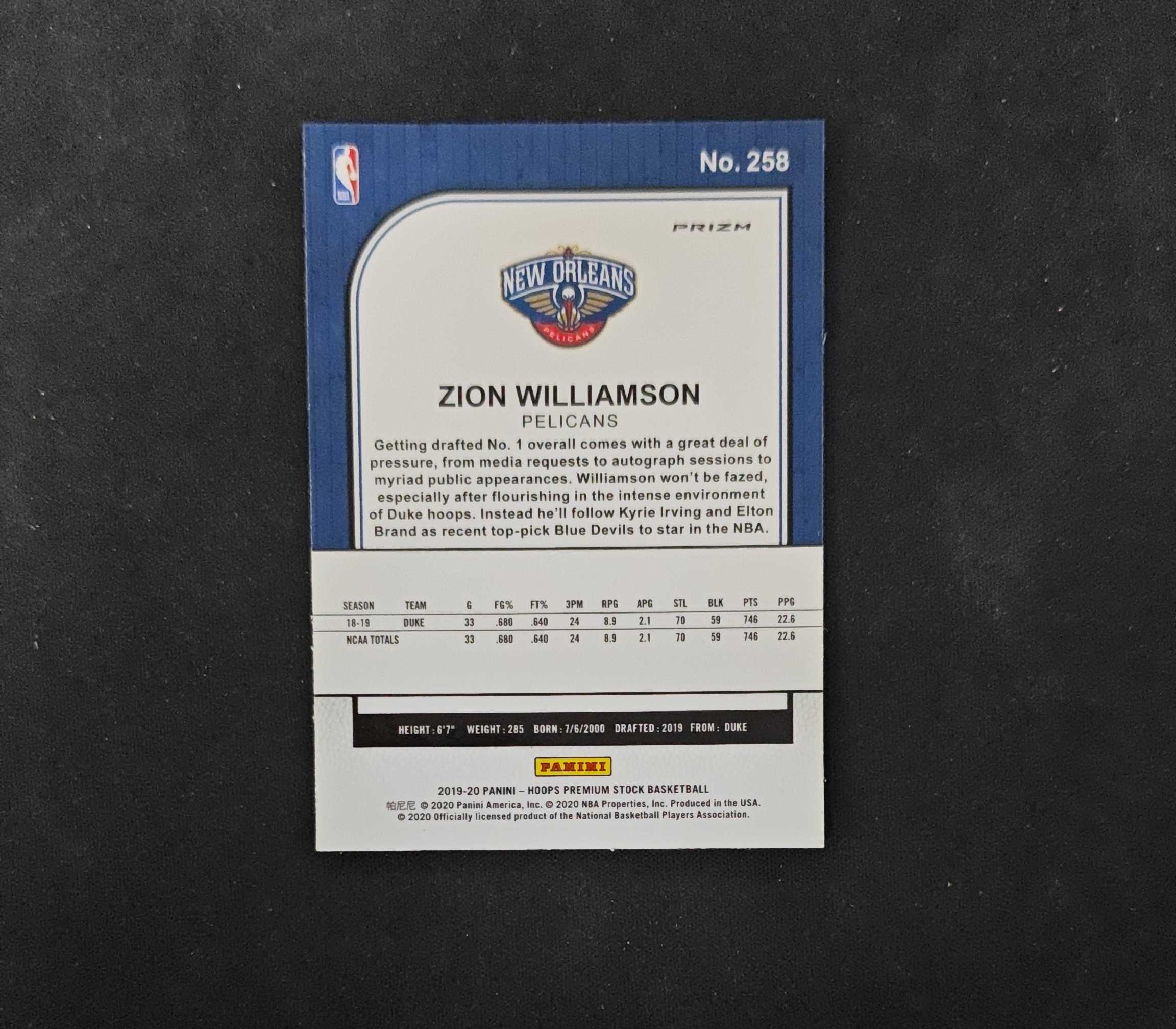 2019-20 Panini Hoops Zion Williamson RC 【SC拍卖】新秀 鹈鹕 锡安威廉姆森 银折 收藏必备(ing哥)
