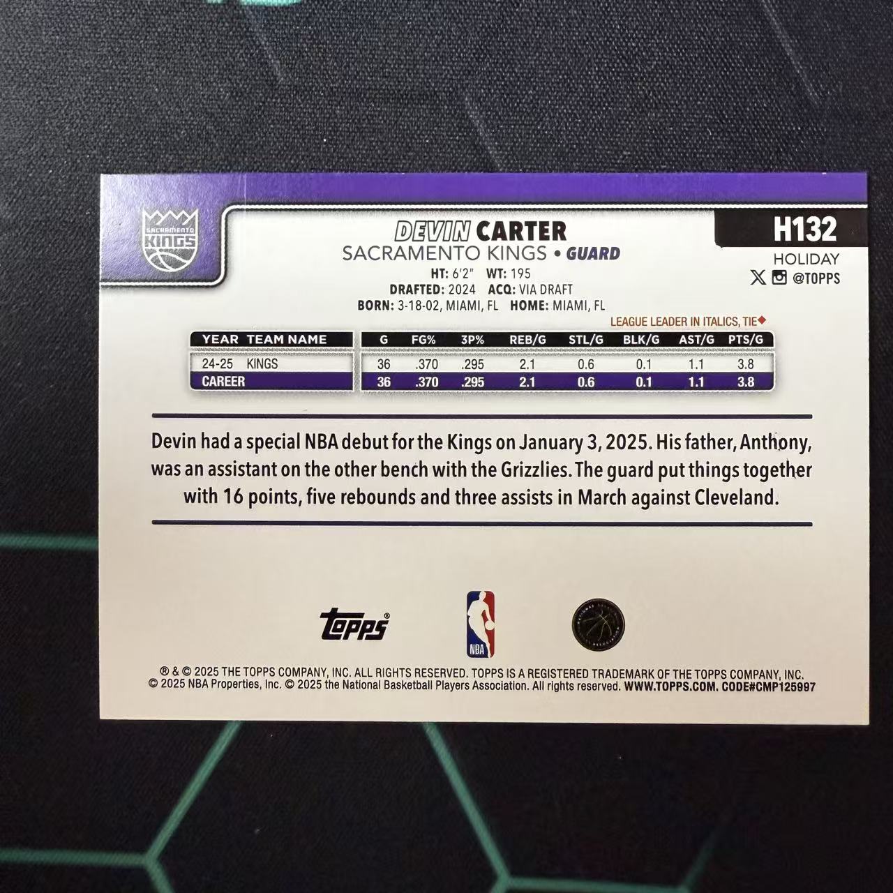 2025 Topps Flagship Devin Carter 【阿福代卖】德文 卡特 国王 ssp 紫折 圣诞折 礼物折 收藏必备 (行行行)