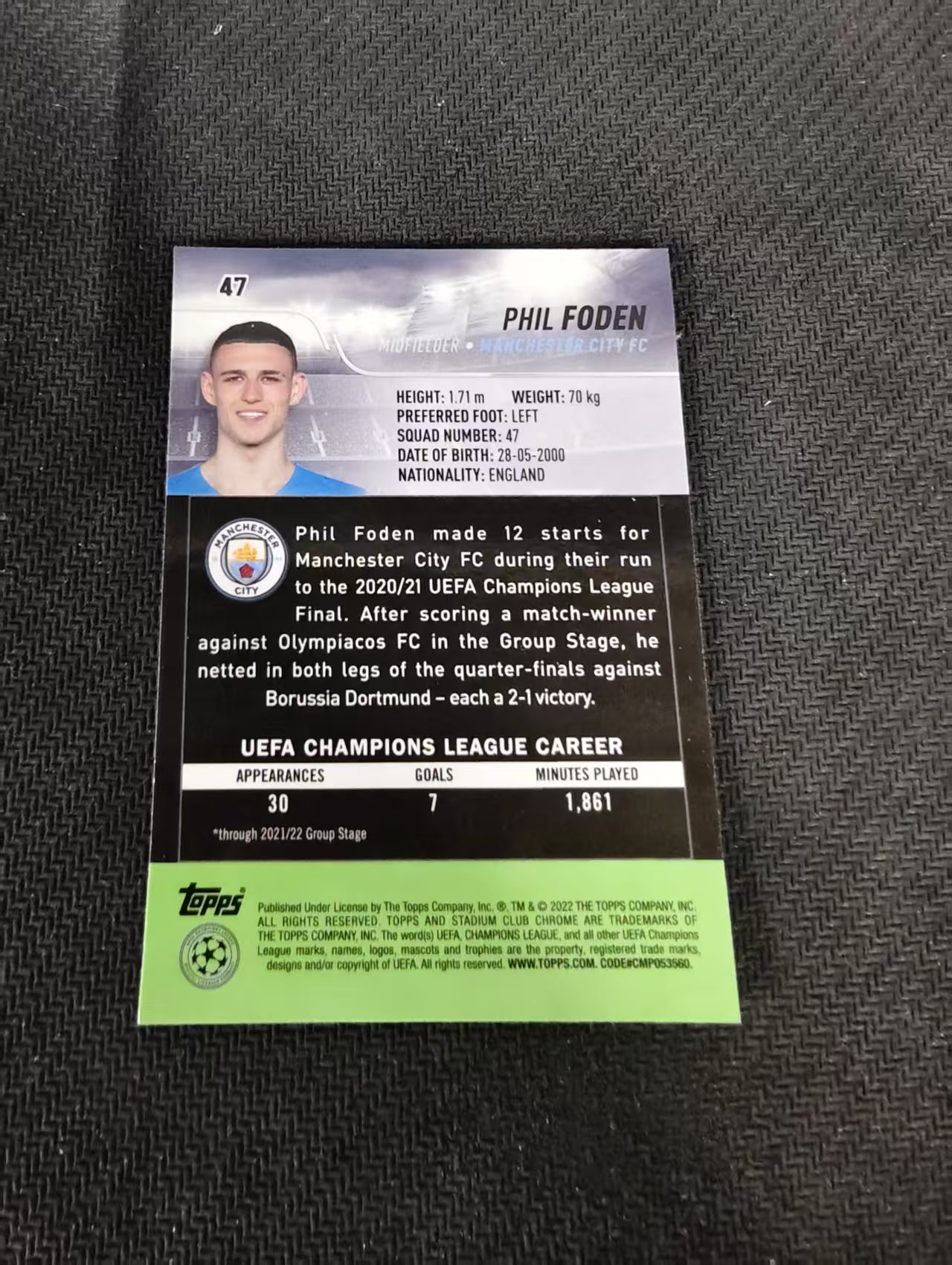 【可合并,不累计】2022 Topps Stadium Club Chrome PHIL FODEN 菲尔 福登 英格兰 曼城 太子 竞技场 欧冠 划痕 边角瑕疵 #47