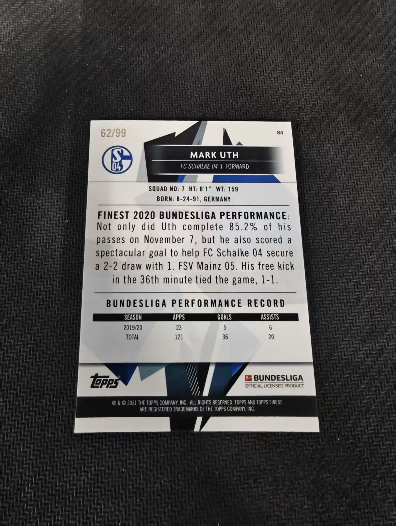 【可合并,不累计】2021 Topps Finest Mark Uth 德甲Finest 沙尔克04 马克 乌特 绿折 99编 瑕疵如图