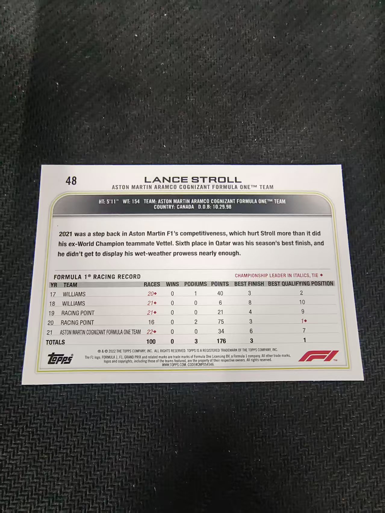 【汽水拍卖】2022 Topps Chrome F1 Lance Stroll 兰斯 斯托尔 划痕 边角瑕疵 @48