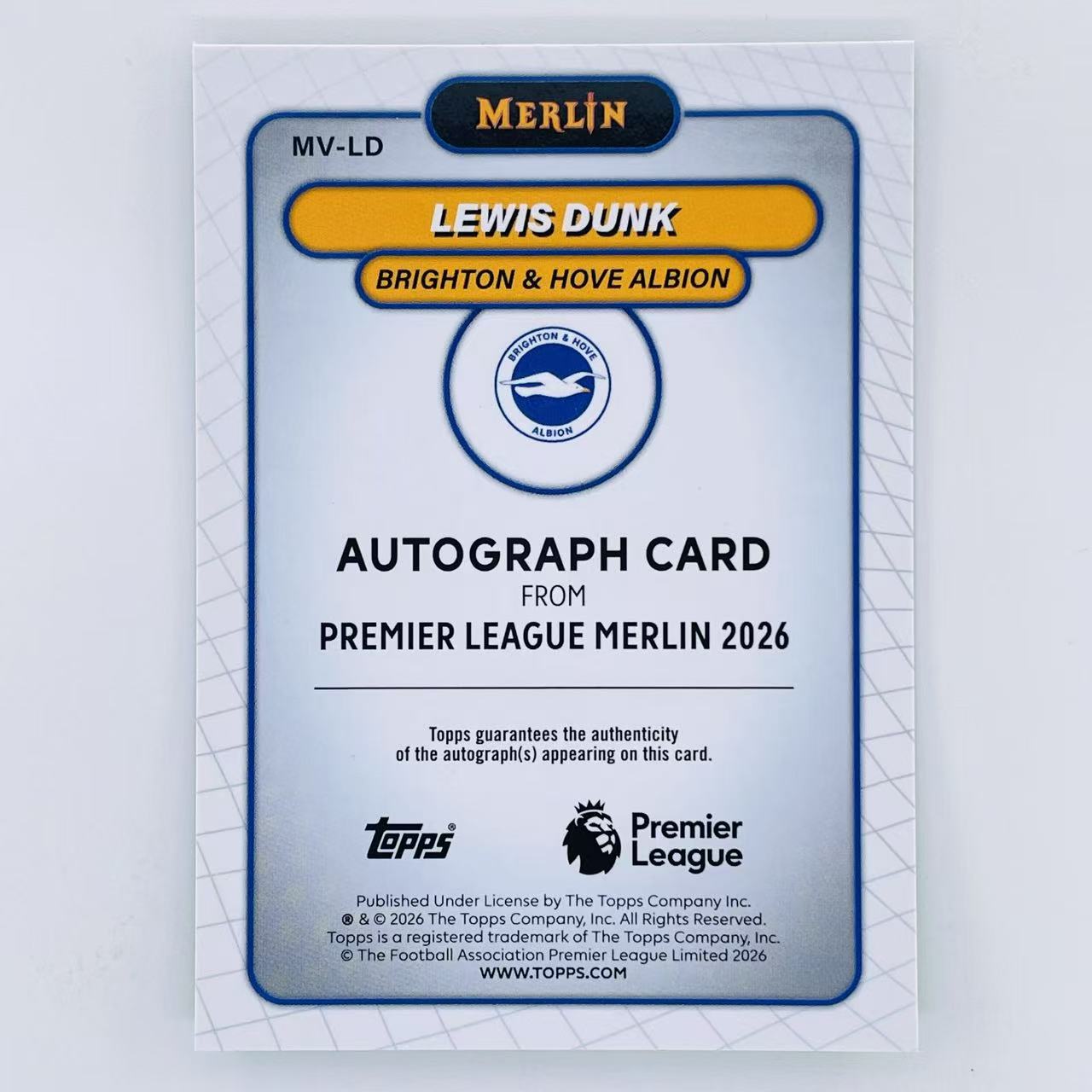 2026 Topps Merlin Chrome PL Lewis Dunk 元年英超梅林TC 英格兰 布莱顿 刘易斯 邓克 签字 /99编 绿折 老队长 Jeff# N