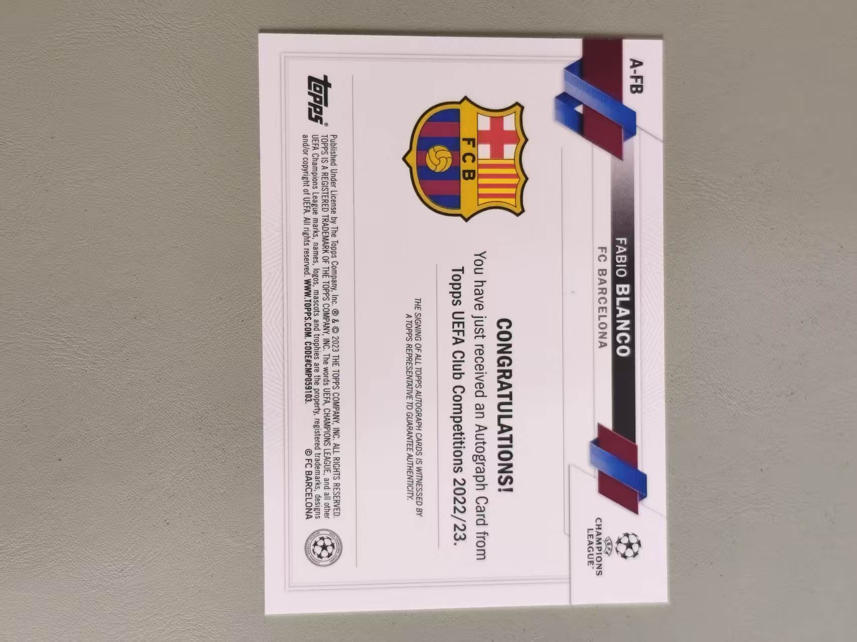 2023 Topps UCC Fabio Blanco RC 法比奥 布兰科 签字 银折 新秀 欧冠 UCC 巴萨 巴塞罗那 卡品如图
