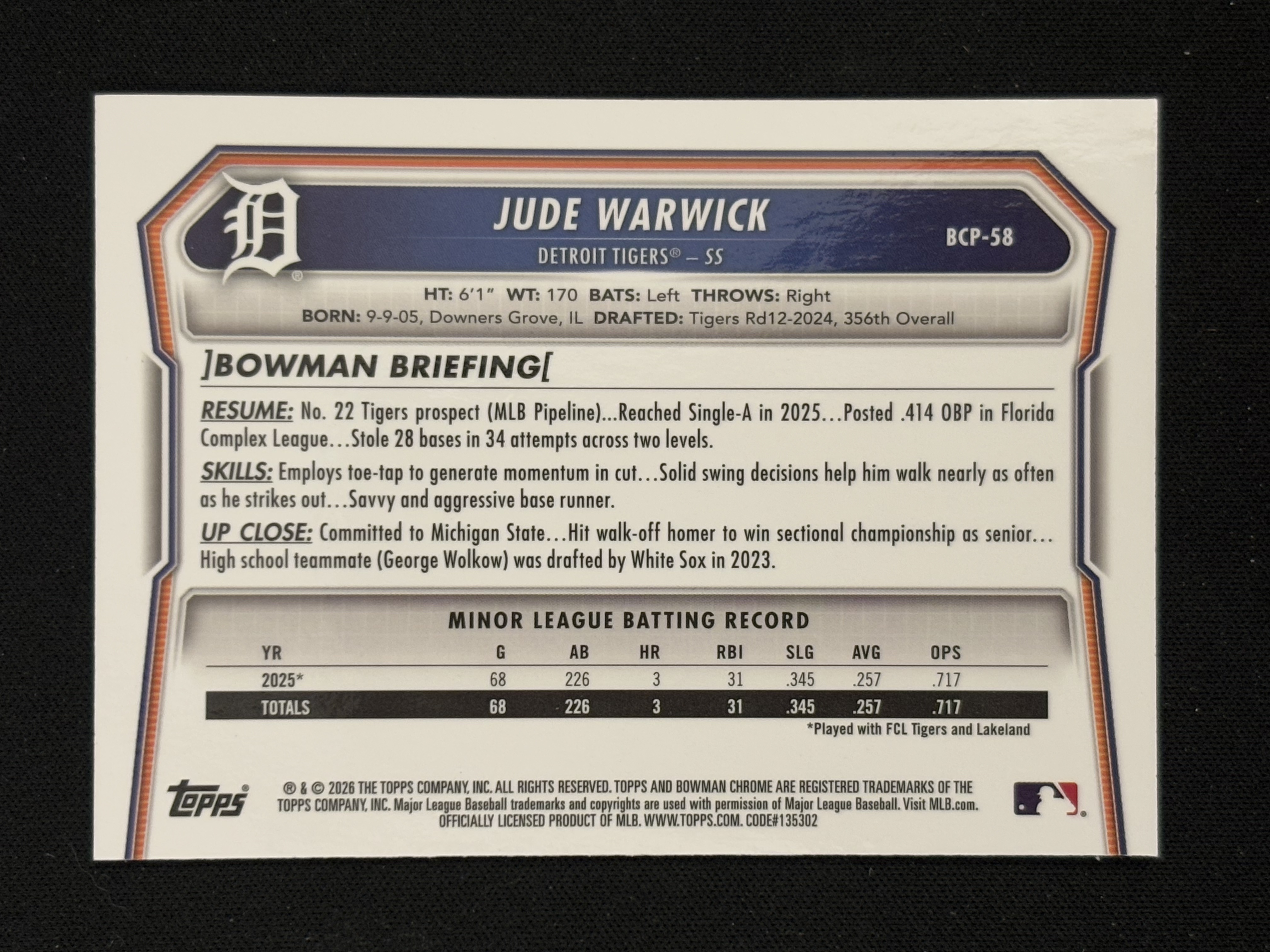 2026 Topps Bowman Jude Warwick 棒球 MLB 底特律老虎 祖德 沃里克 1st 首秀 蓝熔岩折 /150编 - feng