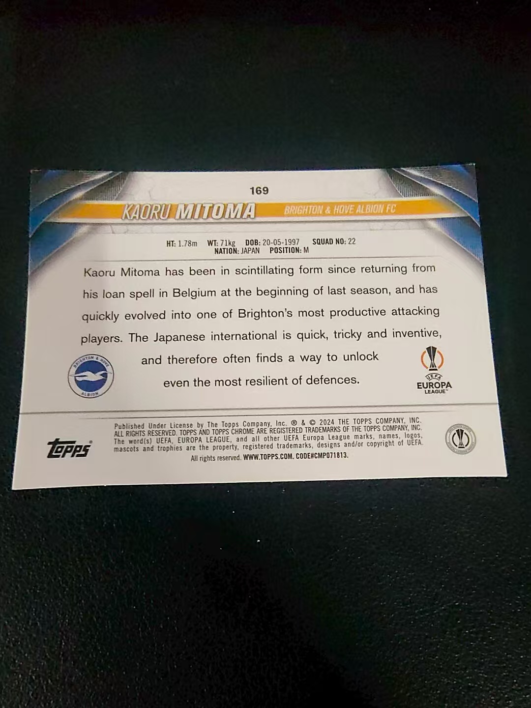 【可合并,不累计】2024 Topps chrome Kaoru Mitoma 三球王 布莱顿 欧冠 划痕 边角瑕疵 #169