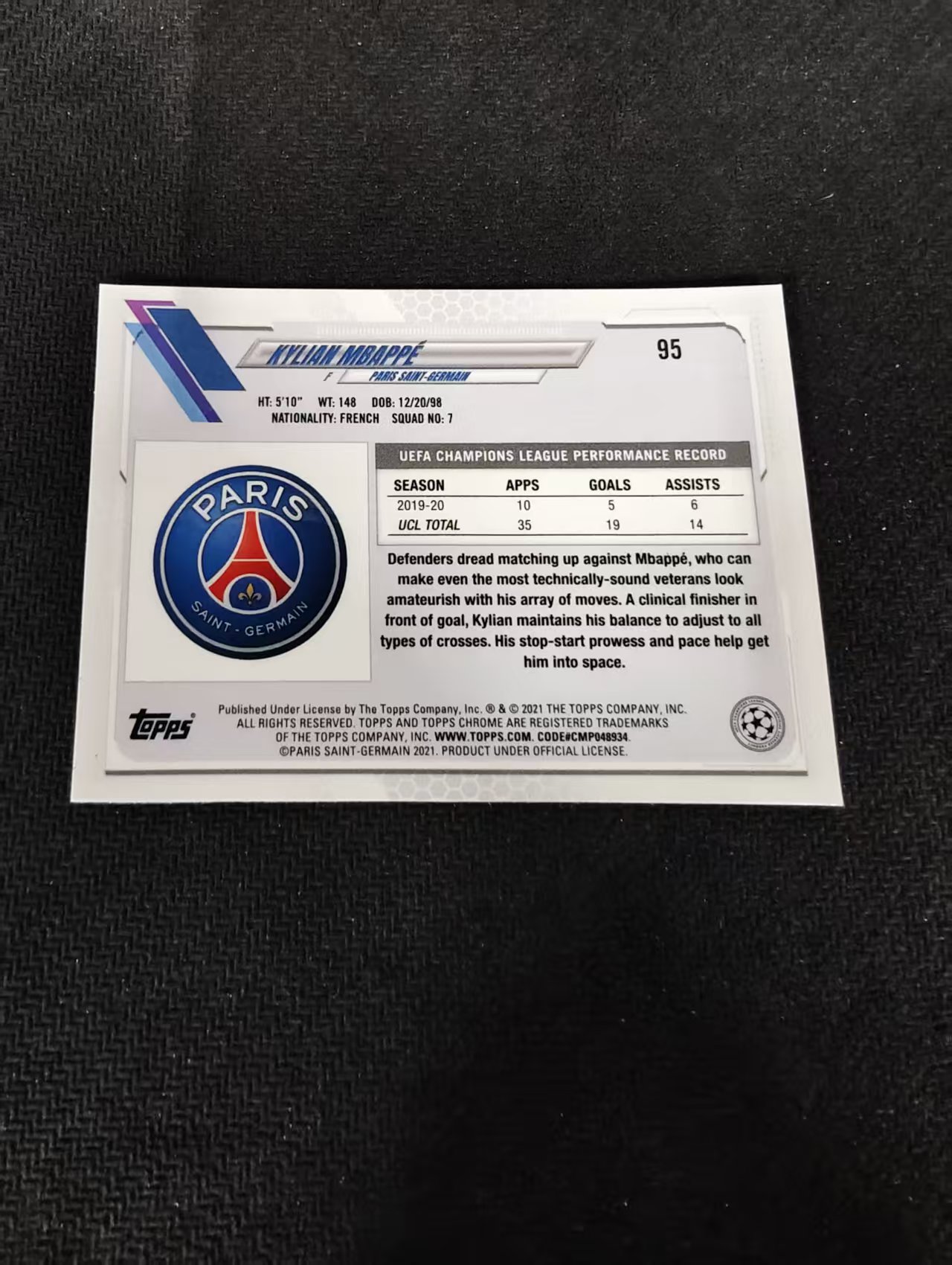 【可合并,不累计】2021Topps Chrome Kylian Mbappe 基利安 姆巴佩 大巴黎 欧冠 划痕 边角瑕疵 #95