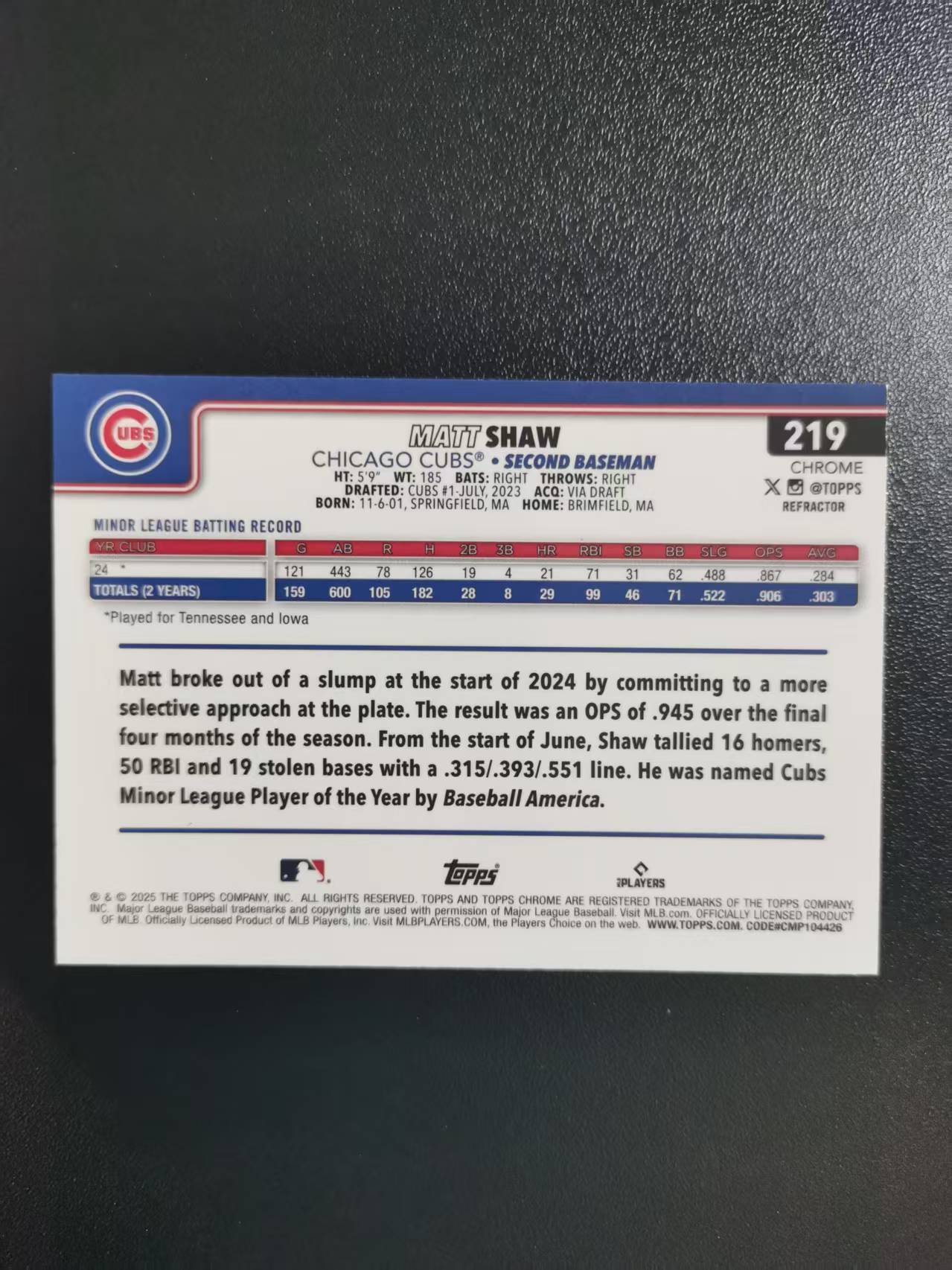 2025 Topps Chrome Matt Shaw 马特肖 新秀RC TC棒球 MLB 折射 收藏凑套 卡品如图 免费代拍CC25