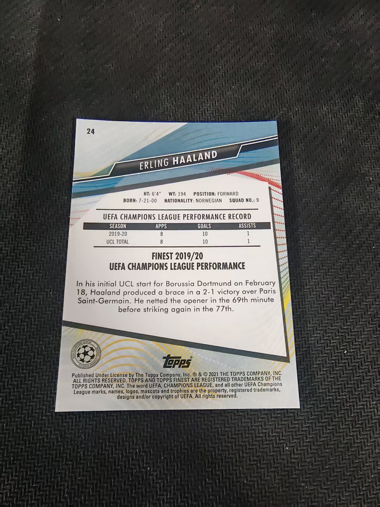 【可合并,不累计】2021 Topps Finest Erling Haaland 欧冠 多特 哈兰德 划痕 边角瑕疵 #24