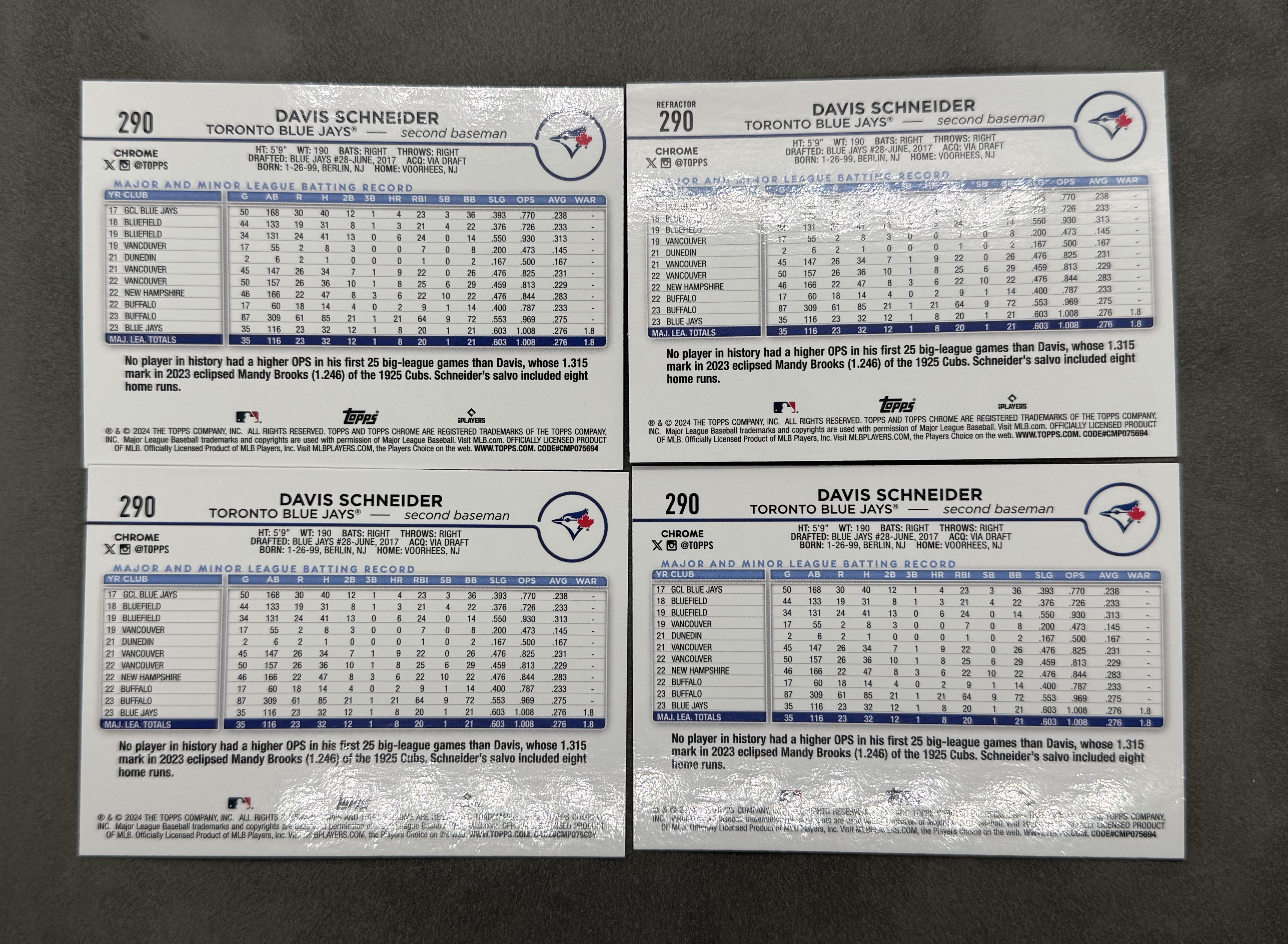 2024 Topps Chrome Davis Schneider RC 蓝鸟队 戴维斯 施耐德 新秀 粉色 抽色 银折 Lava折射 一图打包 未来可期 值得投资收藏 卡品如图