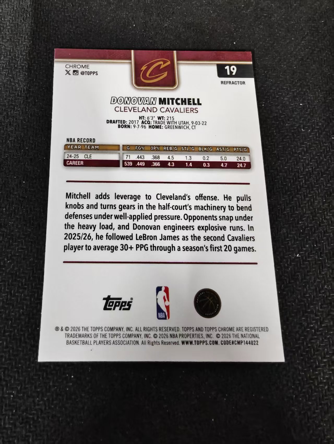 2026 Topps Chrome Update Donovan Mitchell 骑士 多诺万 米切尔 银折 TCU 划痕 边角瑕疵 #19