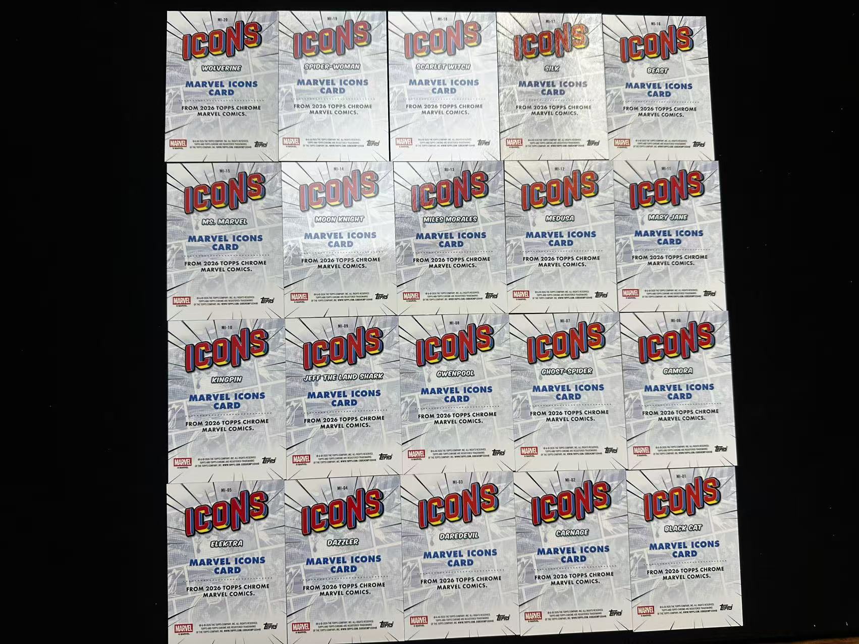 2026 Topps Chrome icons特卡 【有品代卖】漫威 MARVEL icons特卡 蜘蛛侠 月光骑士 黑猫 金刚狼 夜魔侠 1套20张打包 值得收藏 折射 卡品如图/sushi