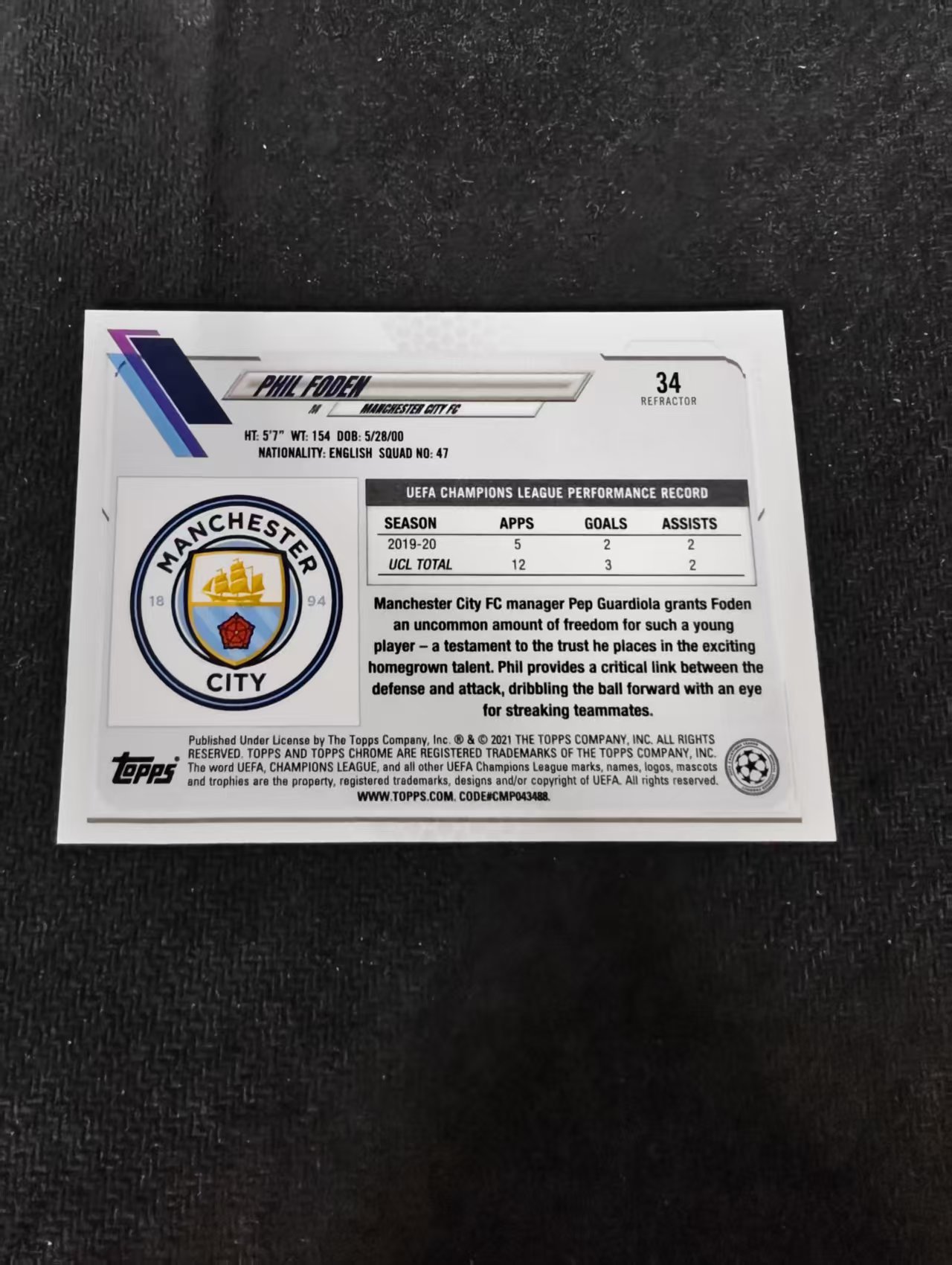 【可合并,不累计】2021 Topps Chrome Phil Foden 曼城 福登 欧冠 银折 划痕 边角瑕疵 #34