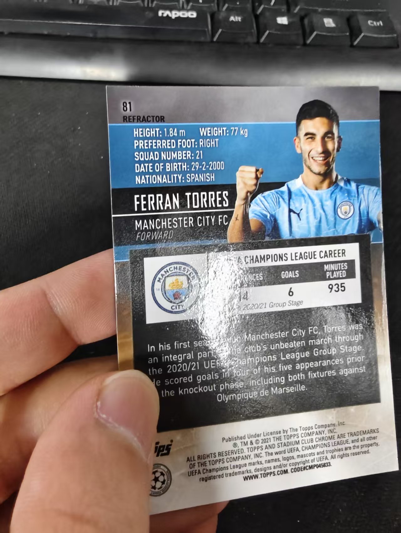 【可合并,不累计】2021 Topps Stadium Club Chrome Ferran Torres 曼城 托雷斯 欧冠 竞技场 银折 划痕 边角瑕疵 @81