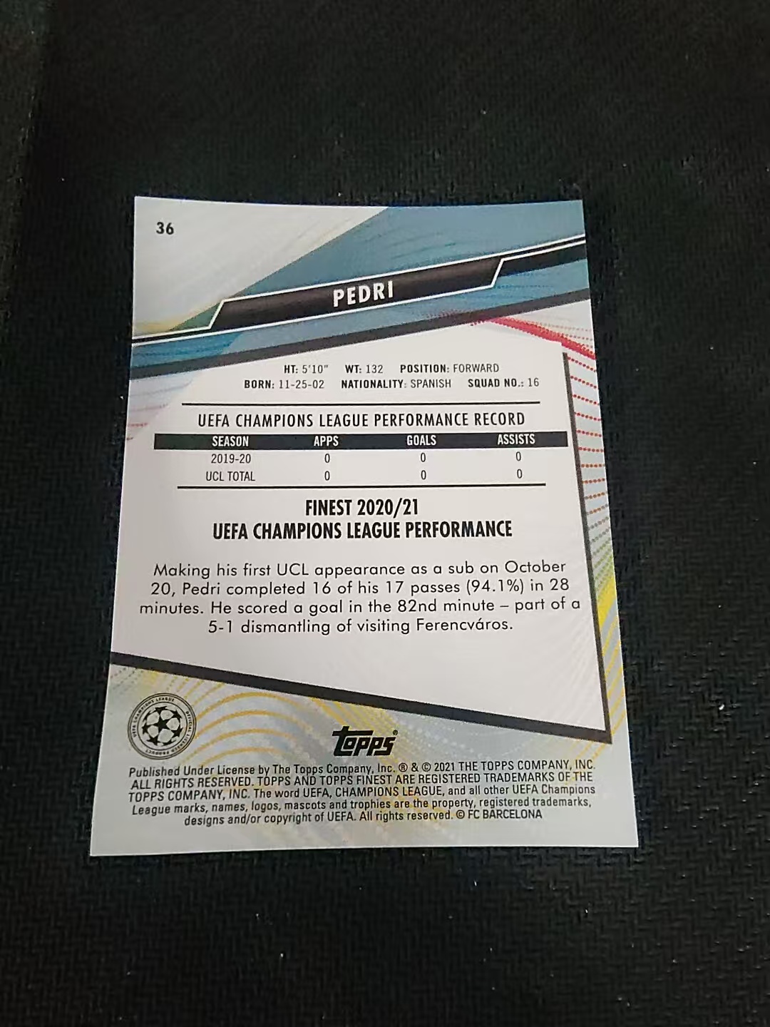 【可合并,不累计】2021 Topps Finest Pedri RC 欧冠 佩德里 巴塞罗那 新秀 划痕 边角瑕疵 #36