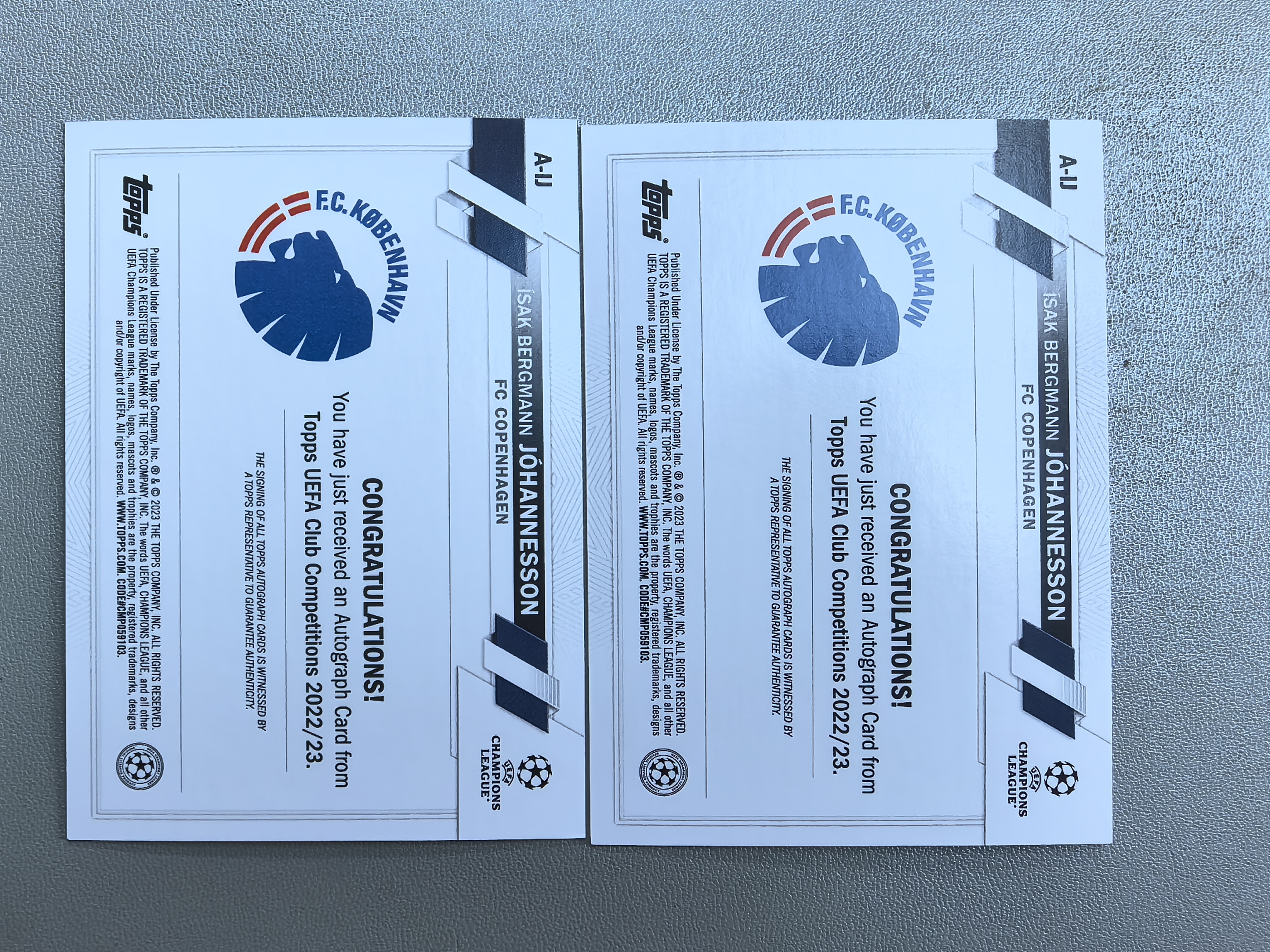 2023 Topps UCC ISAK BERGMANN JOHANNESSON RC 伊萨克 贝格曼 约翰内松 新秀RC 签字 欧冠 哥本哈根 两张打包