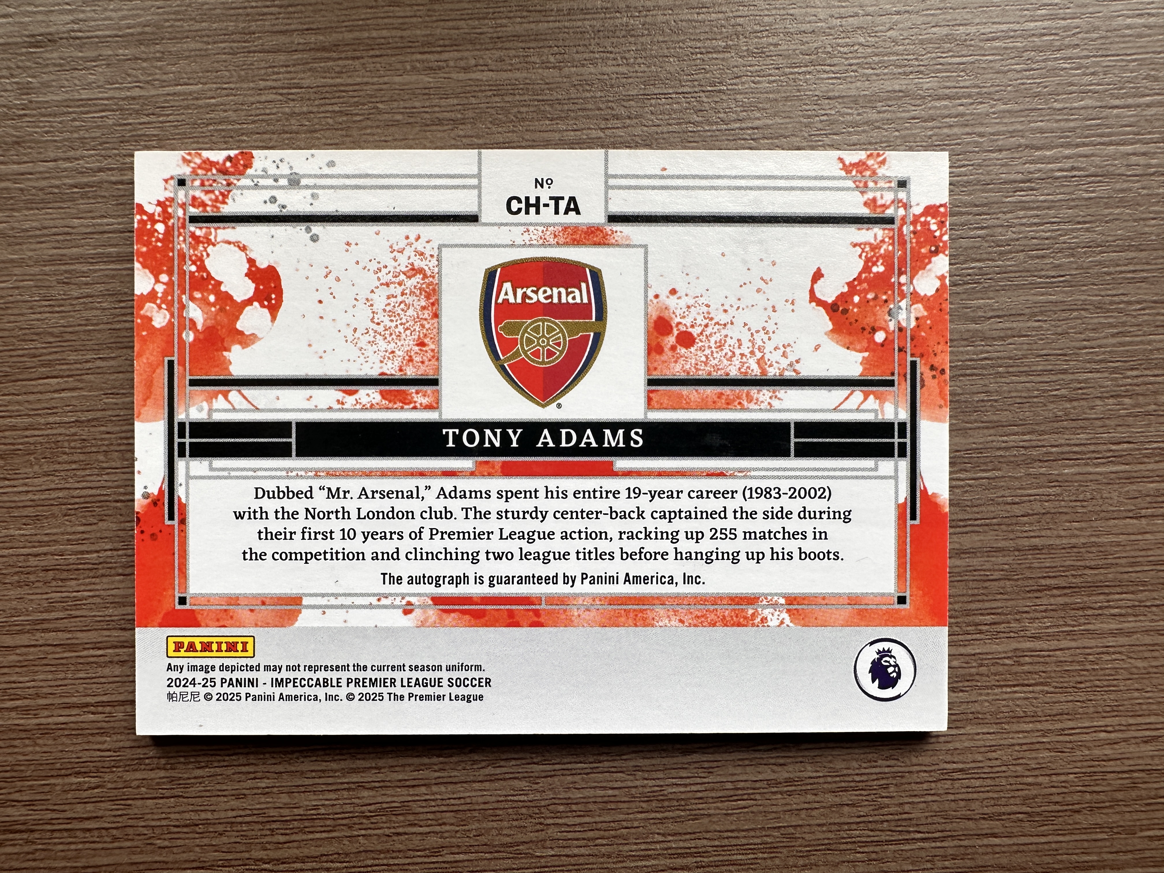 2025 Panini Impeccable tony adams 托尼 亚当斯 英格兰 阿森纳 英超 小真金 86编 签字 签名 微瑕