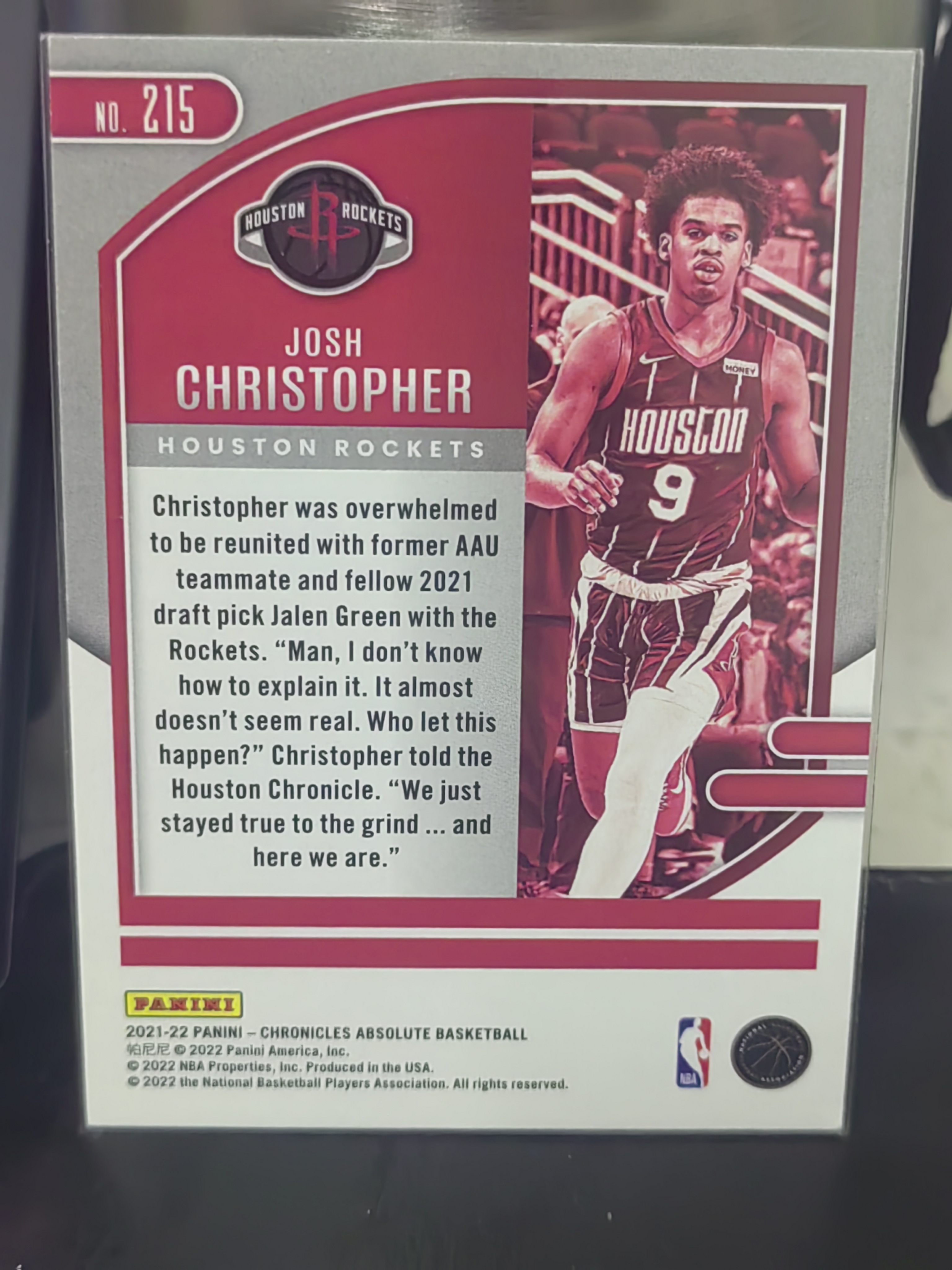 2021-22 Panini Chronicles Josh Christopher RC 编年史 新秀 约什克里斯托弗 火箭 篮 白边白角 不保卡品 卡品如图