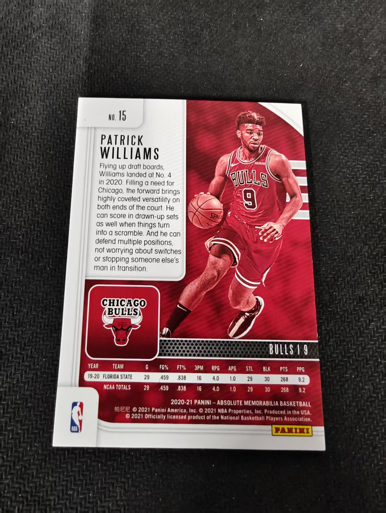2020-21 Panini Absolute Patrick Williams RC abs 帕特里克 威廉姆斯 帕威 公牛 新秀199编 瑕疵如图