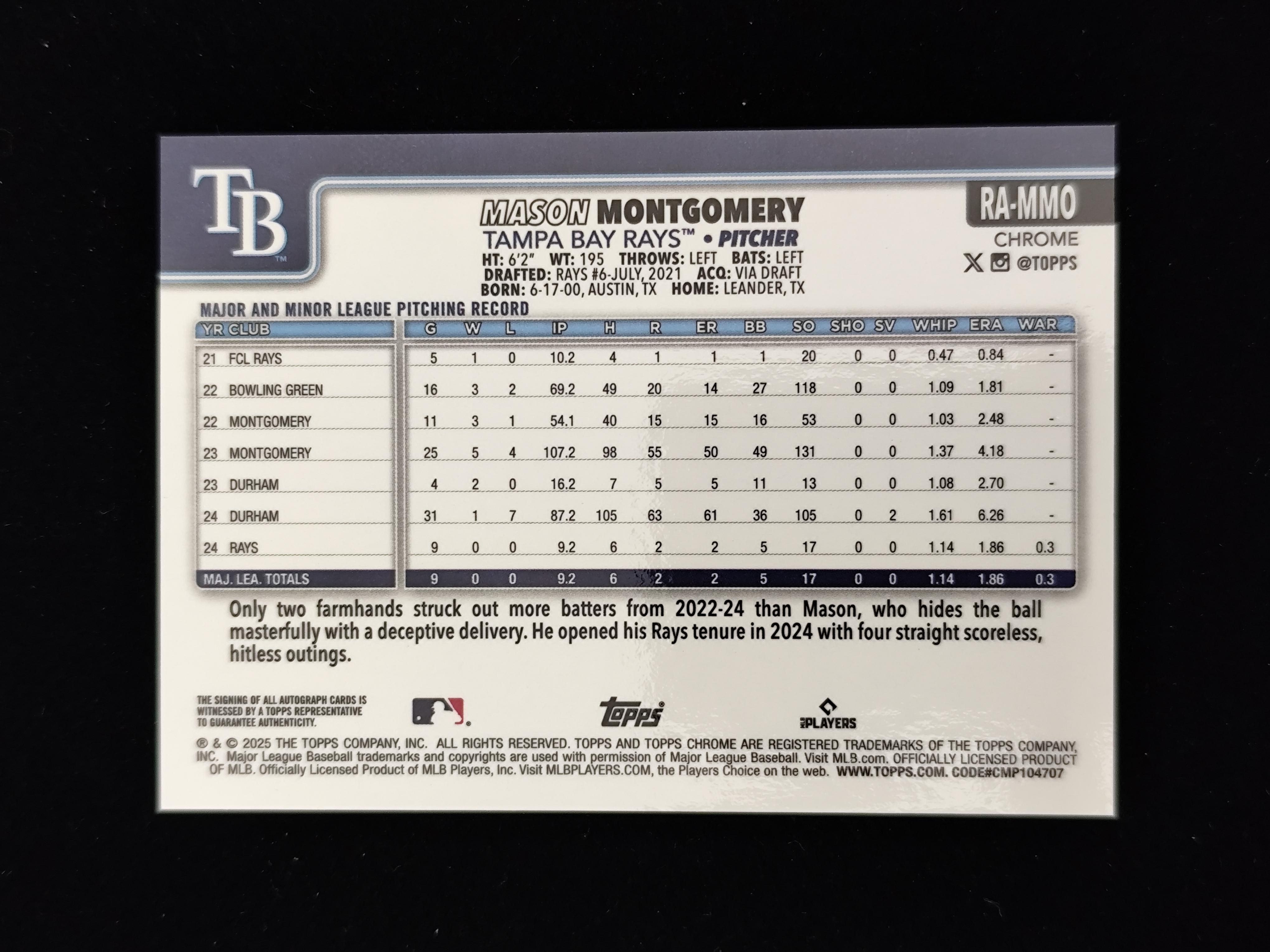 【口袋卡牌】2025 Topps Chrome Mason Montgomery RC 梅森 蒙哥马利 新秀RC 签字 卡签 青波纹折 折射 199编 坦帕湾光芒 卡品如图 收藏必备 50 VVWW