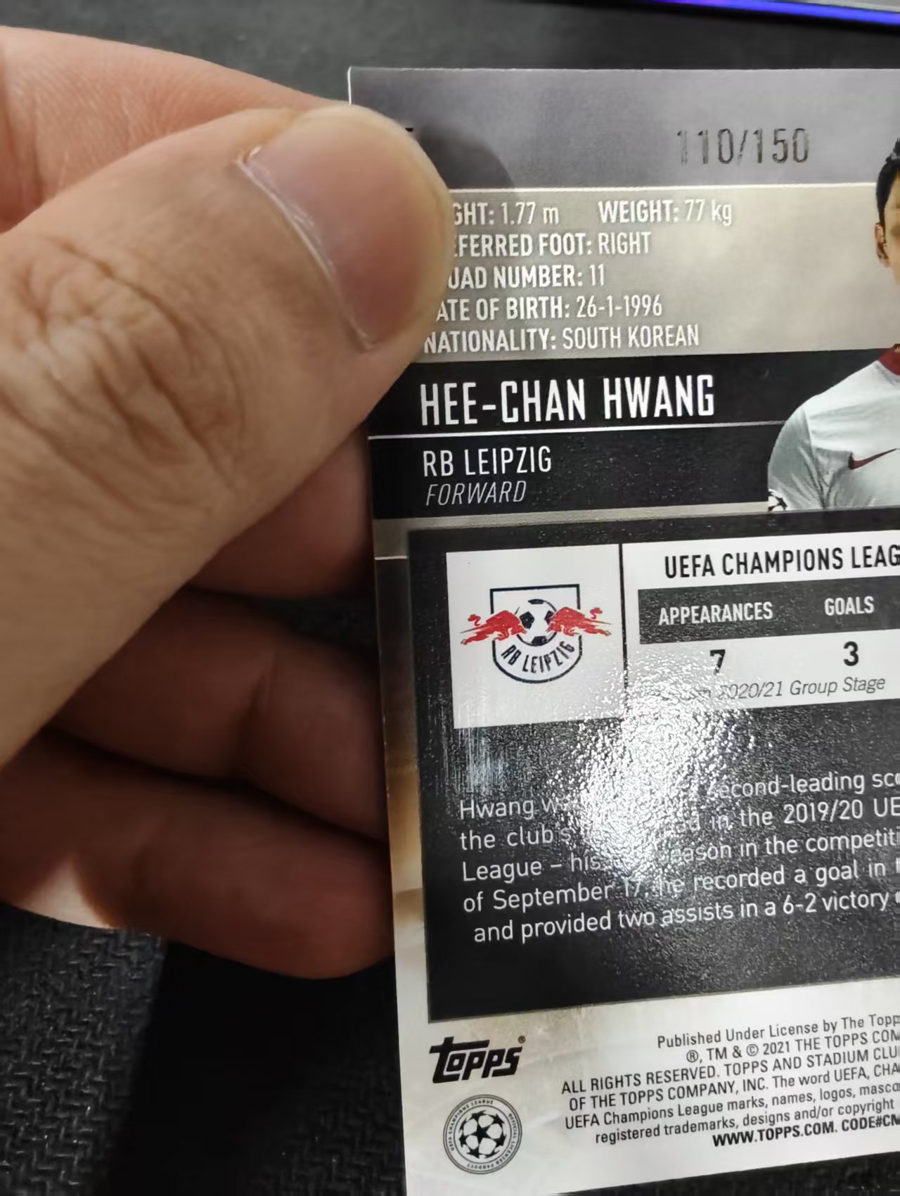 2021 Topps Stadium Club Chrome Hwang Hee Chan 黄喜灿 黄熙灿 竞技场 欧冠 绿闪电折 150编 瑕疵如图