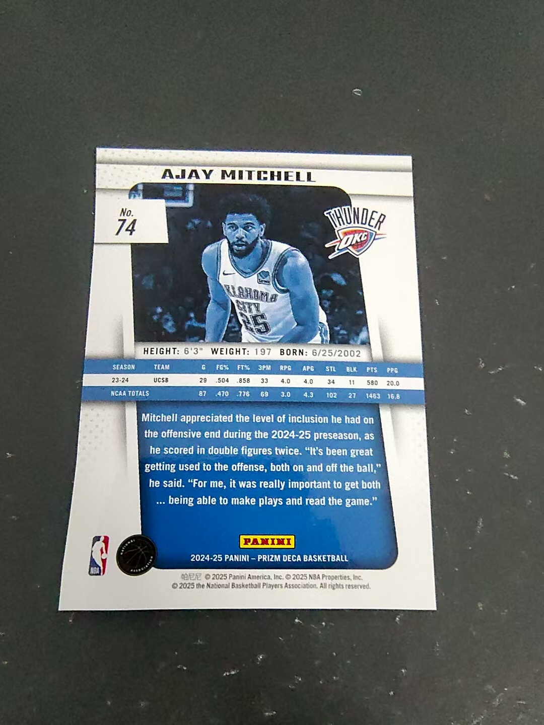 【可合并,不累计】2024-25 Panini Prizm Deca Ajay Mitchell RC 阿杰 米切尔 雷霆 新秀 复刻PZ 划痕 边角瑕疵 #74