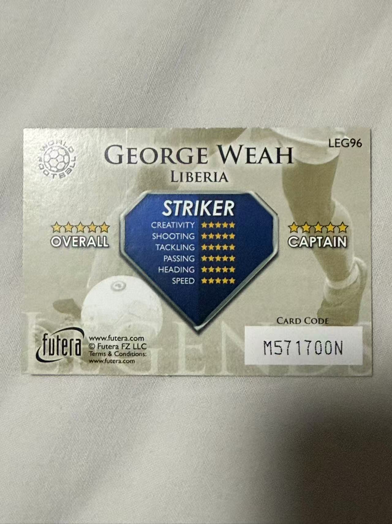 2008 Futera Futera Unique George Weah 【mxn拍卖】维阿 威赫 传奇 特卡 大比例 10多年老卡 利比里亚 AC米兰 大巴黎 马赛 曼城 不发到付