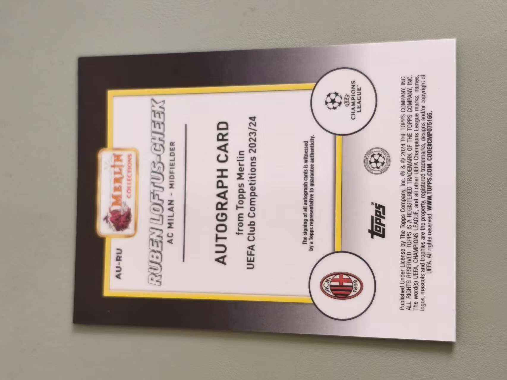 2024 Topps Merlin Ruben Loftus-Cheek 洛夫图斯 齐克 签字 银折 欧冠 梅林 AC米兰 中场 卡品如图